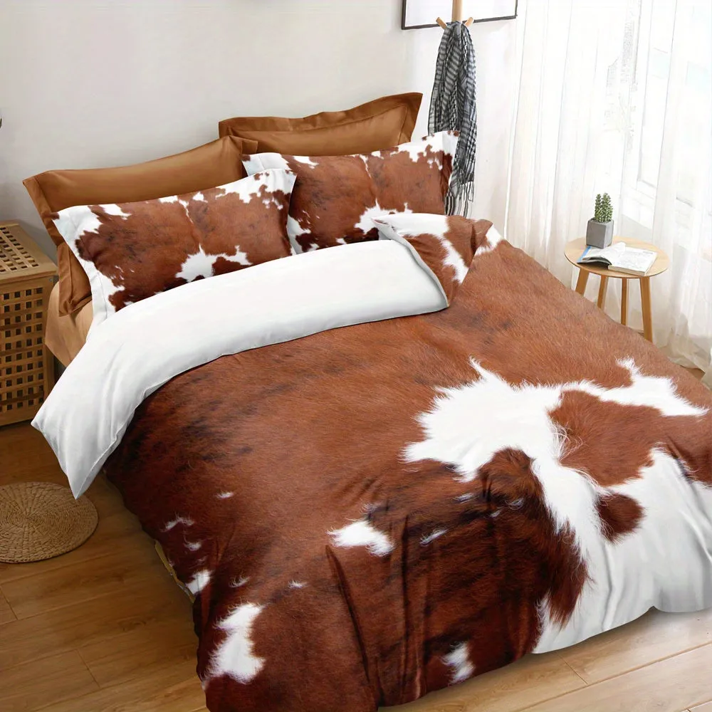 3pcs Duvet Cover Set, Fur Pattern Stitching Print Rustic Cowhide Style Bedding Set, Soft Comfortable Duvet Cover, For Bedroom, G