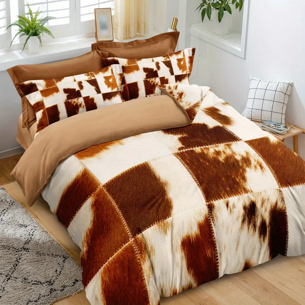 3pcs Duvet Cover Set, Fur Pattern Stitching Print Rustic Cowhide Style Bedding Set, Soft Comfortable Duvet Cover, For Bedroom, G