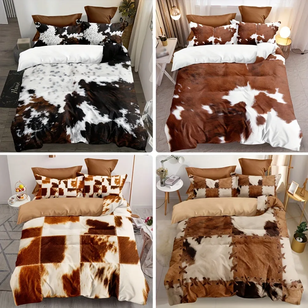 3pcs Duvet Cover Set, Fur Pattern Stitching Print Rustic Cowhide Style Bedding Set, Soft Comfortable Duvet Cover, For Bedroom, G