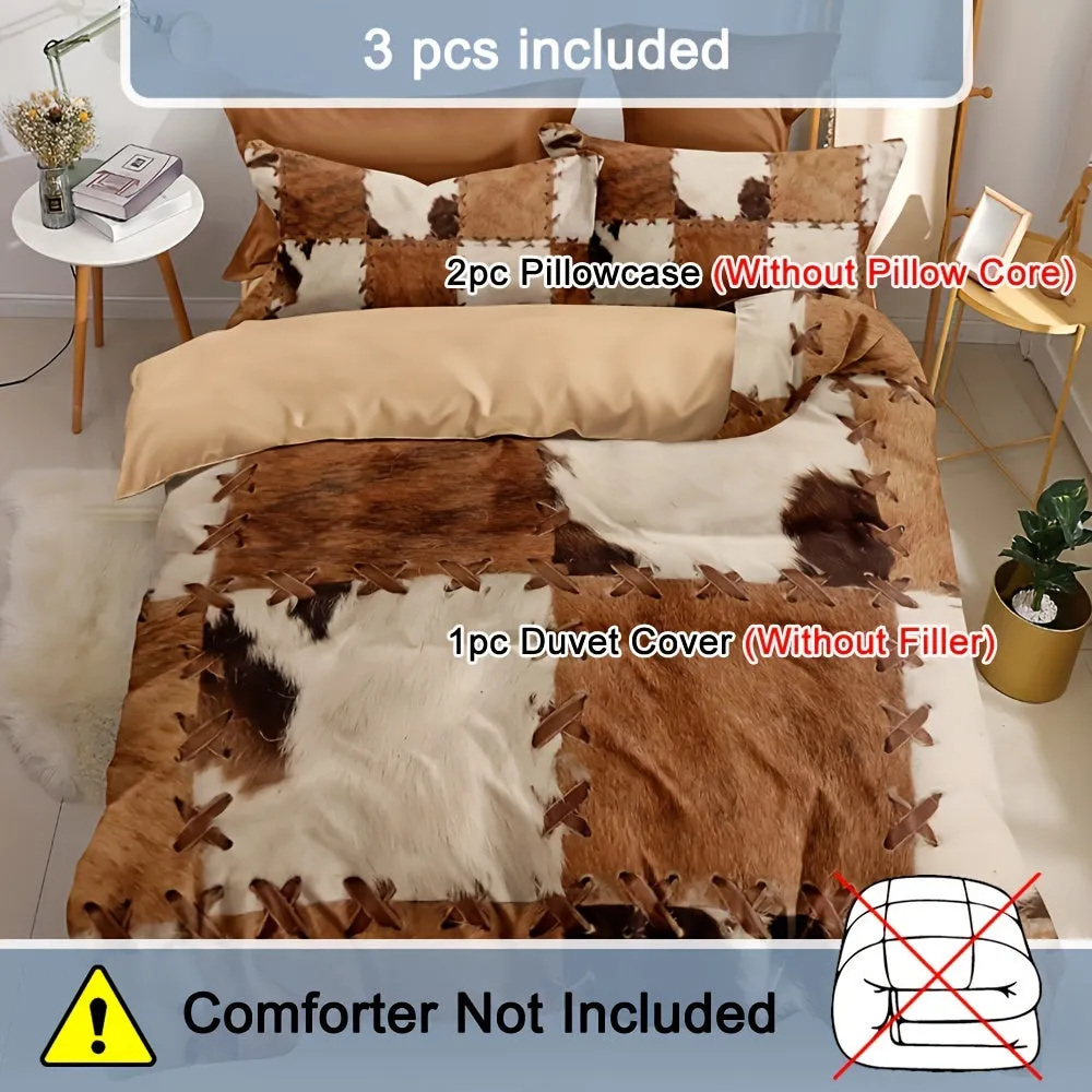 3pcs Duvet Cover Set, Fur Pattern Stitching Print Rustic Cowhide Style Bedding Set, Soft Comfortable Duvet Cover, For Bedroom, G