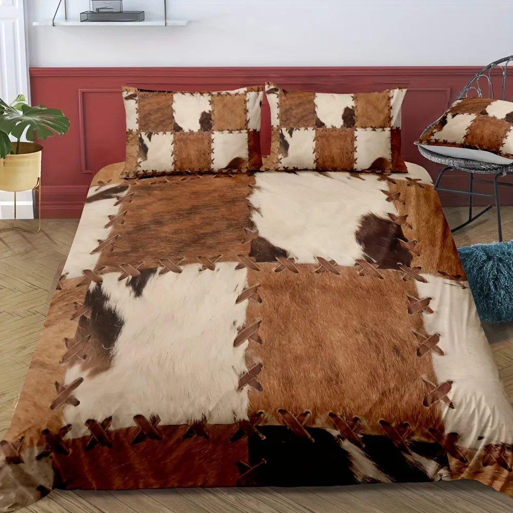 3pcs Duvet Cover Set, Fur Pattern Stitching Print Rustic Cowhide Style Bedding Set, Soft Comfortable Duvet Cover, For Bedroom, G