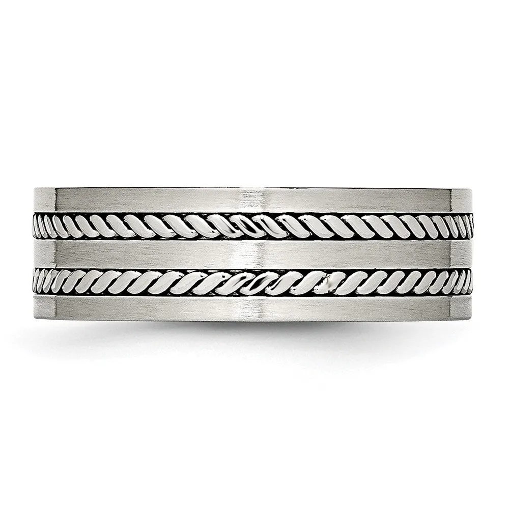 7mm Stainless Steel Brushed & Polished Twisted Inlay Flat Band