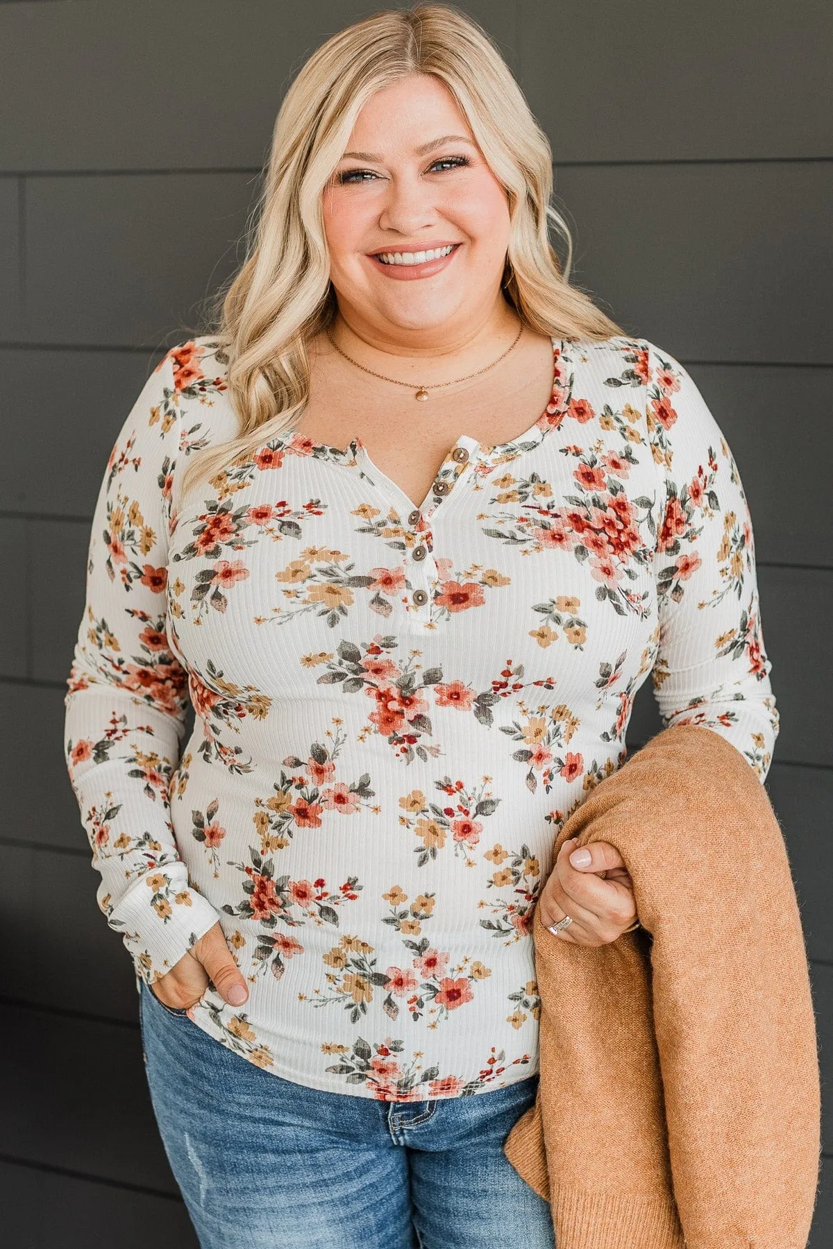 All Together Now Floral Henley Top- Ivory