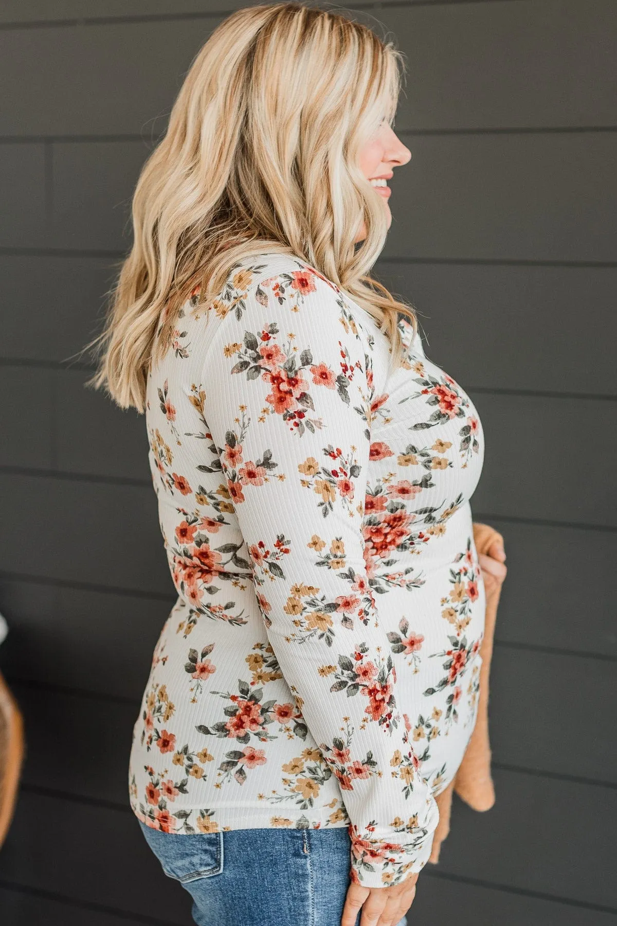 All Together Now Floral Henley Top- Ivory