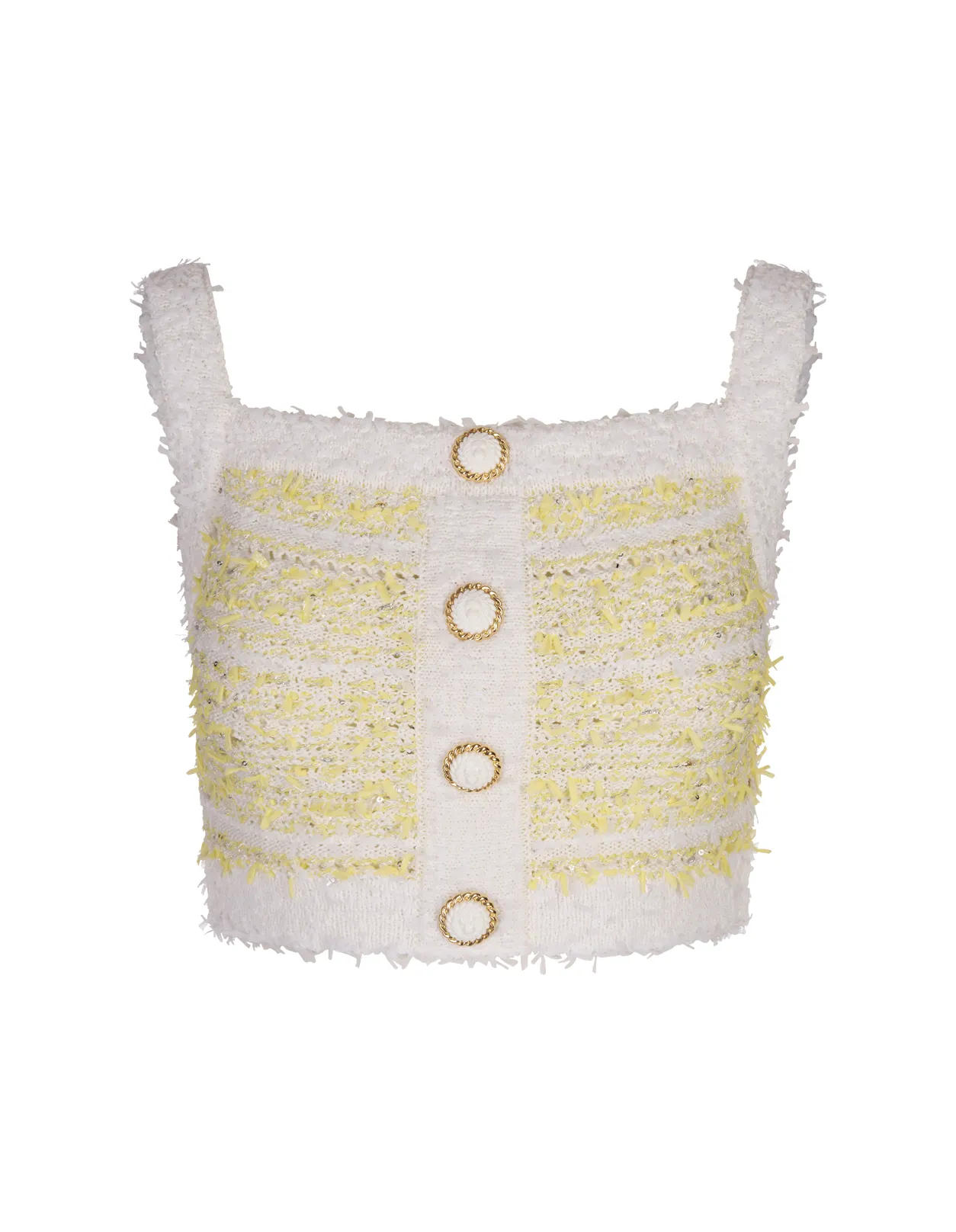 BALMAIN Yellow and White Tweed Top With Shoulder Straps