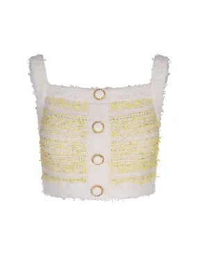 BALMAIN Yellow and White Tweed Top With Shoulder Straps