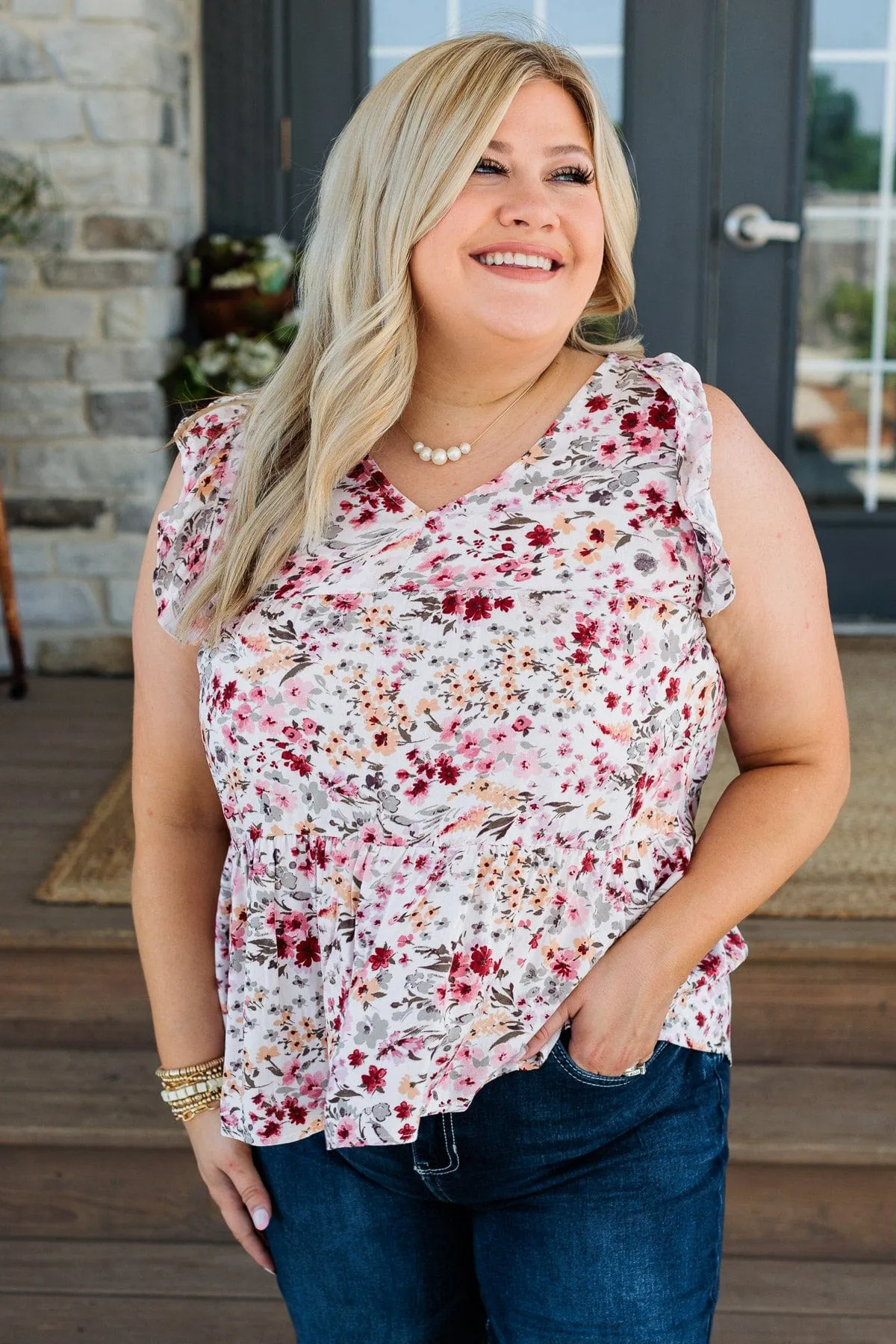 Beauty Is Key Flutter Sleeve Blouse- Ivory & Blush