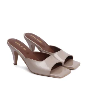 Beige Square Open Toe Patent Leather Ladies Kitten Heel Sandal By Brune & Bareskin