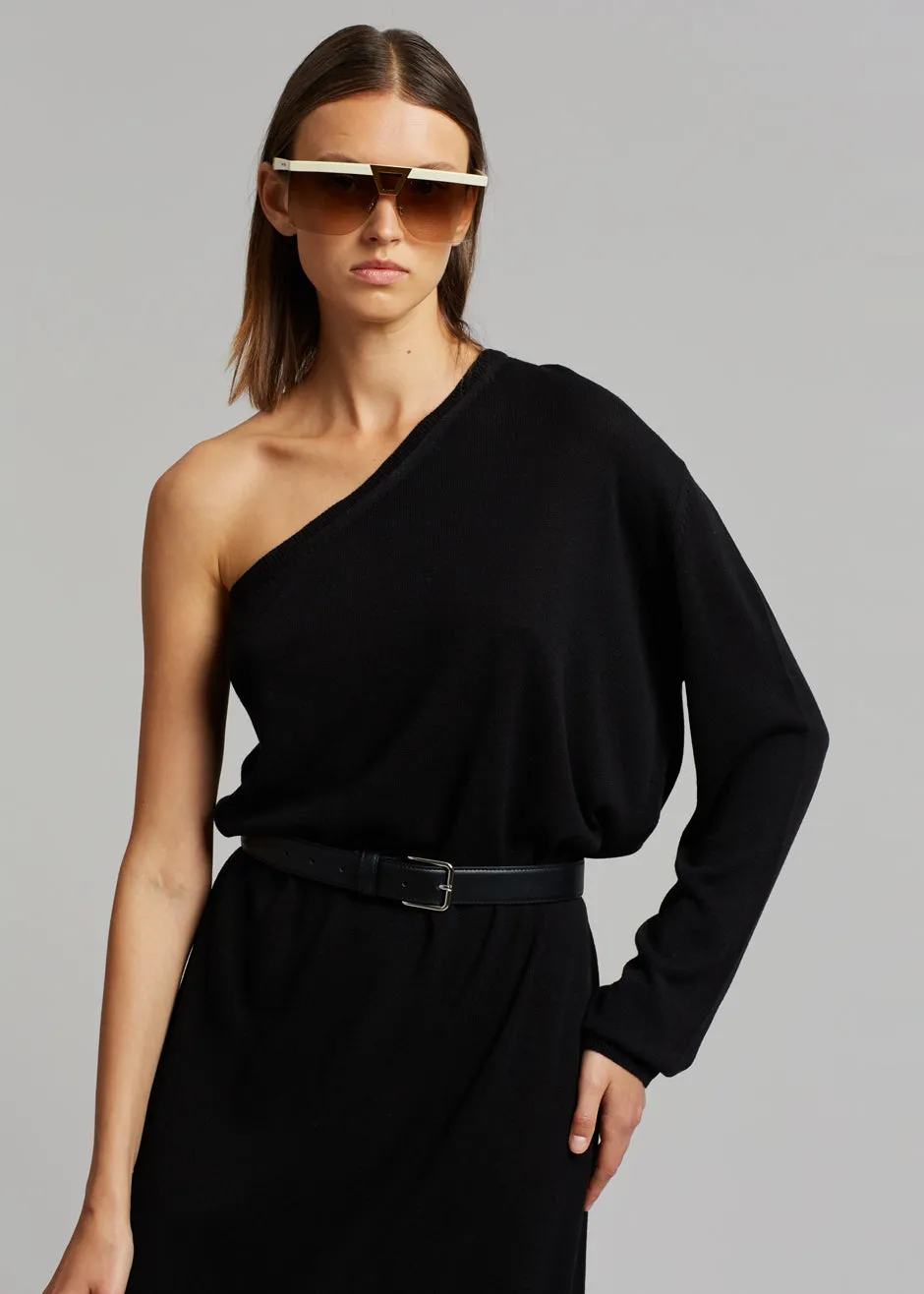 Bianca One Shoulder Loose Knit Top - Black