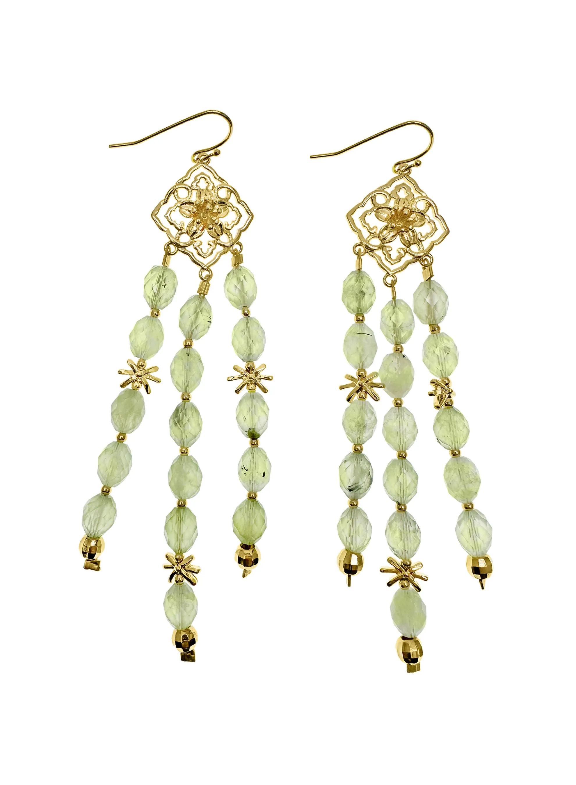 Bohemian Flower Frame with Prehnite Beaded Tassel Earrings LE033