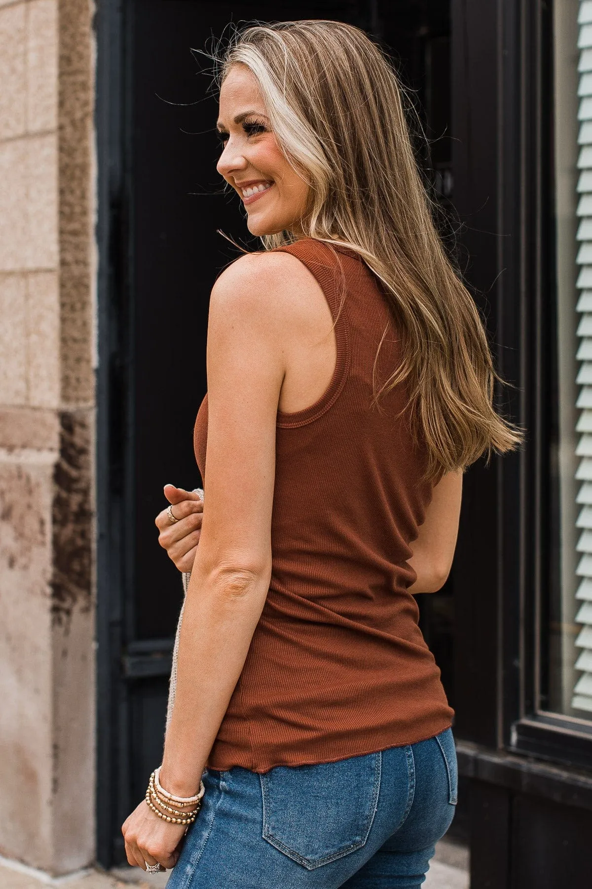 Bound To Be Beautiful Button Henley Tank Top- Copper