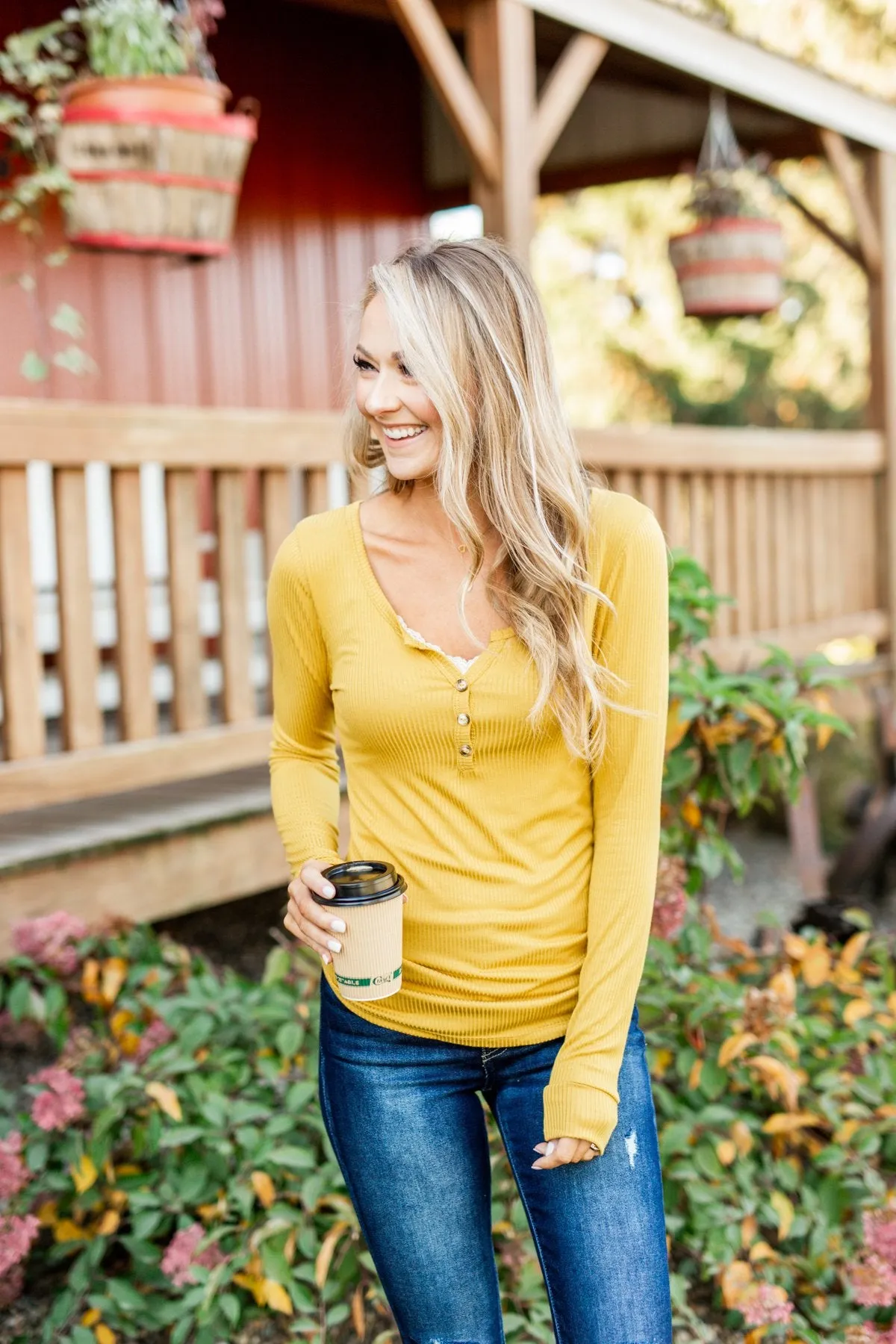 Break The Silence Button Henley Top- Mustard