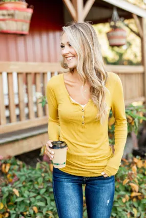 Break The Silence Button Henley Top- Mustard