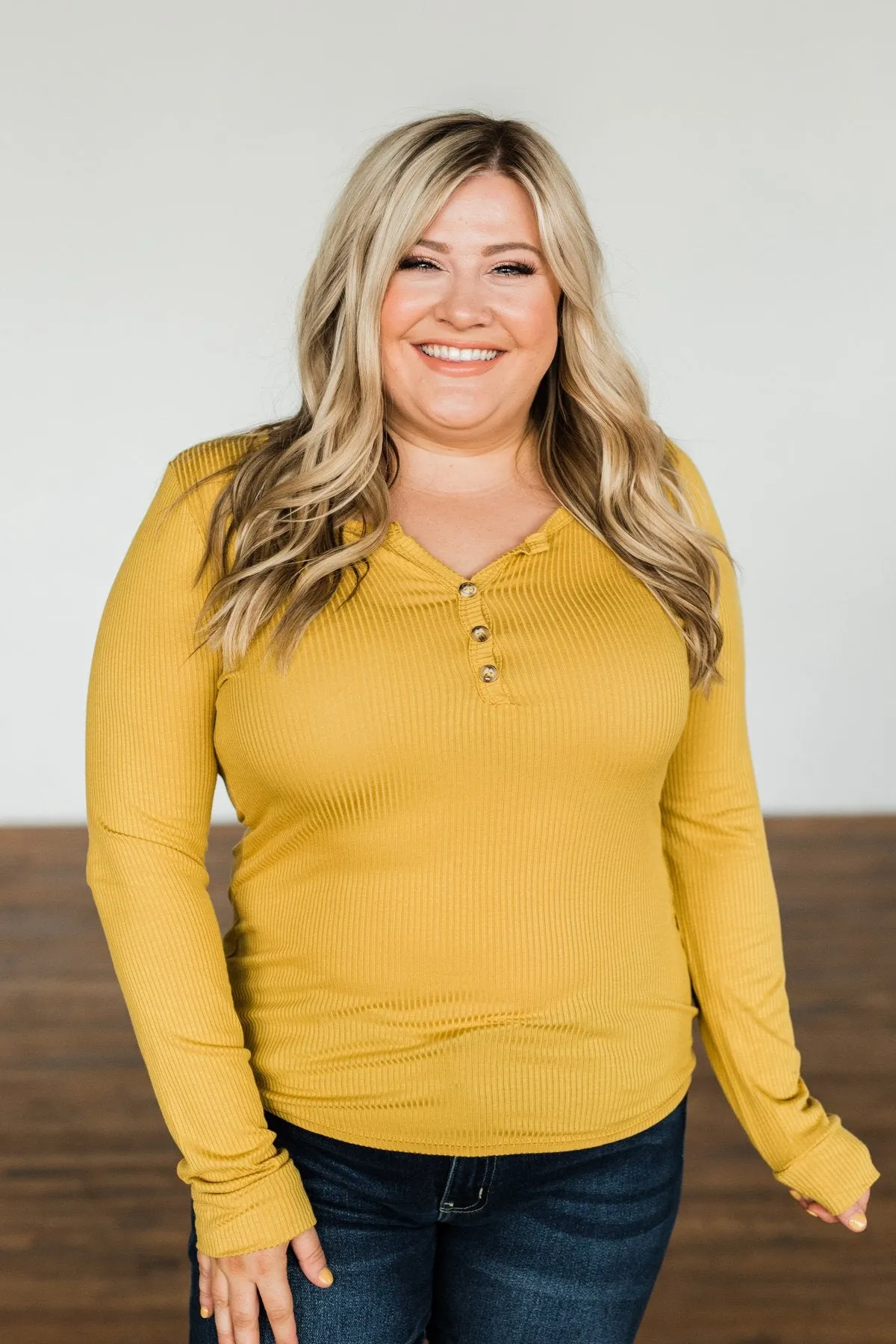 Break The Silence Button Henley Top- Mustard