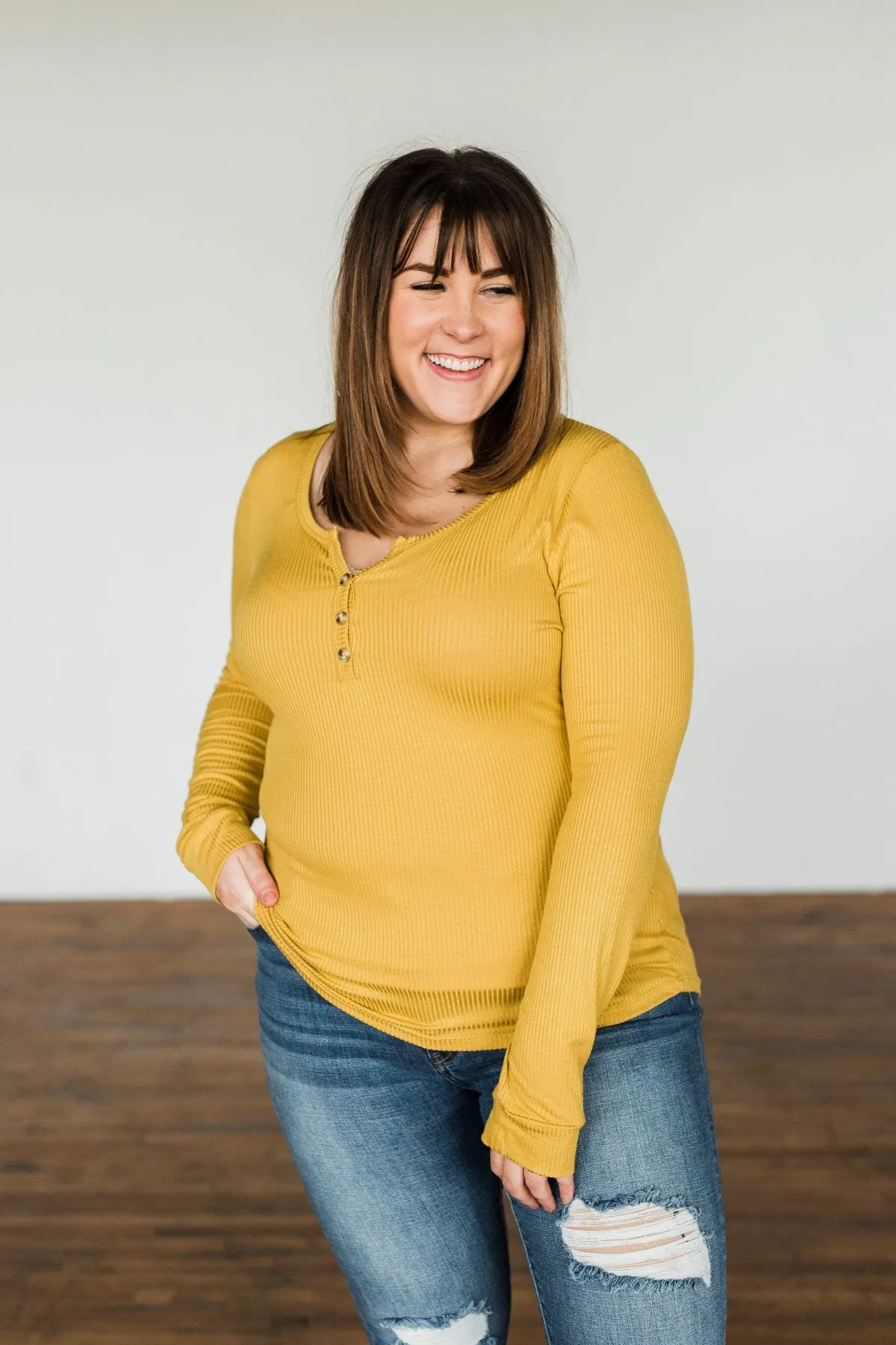 Break The Silence Button Henley Top- Mustard