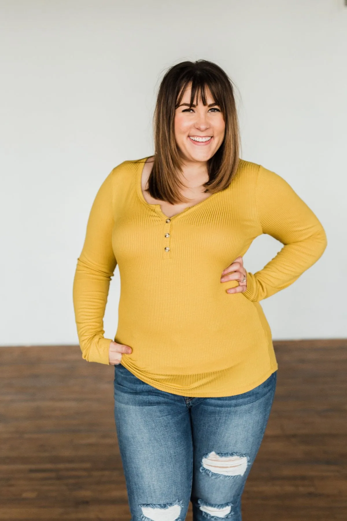 Break The Silence Button Henley Top- Mustard