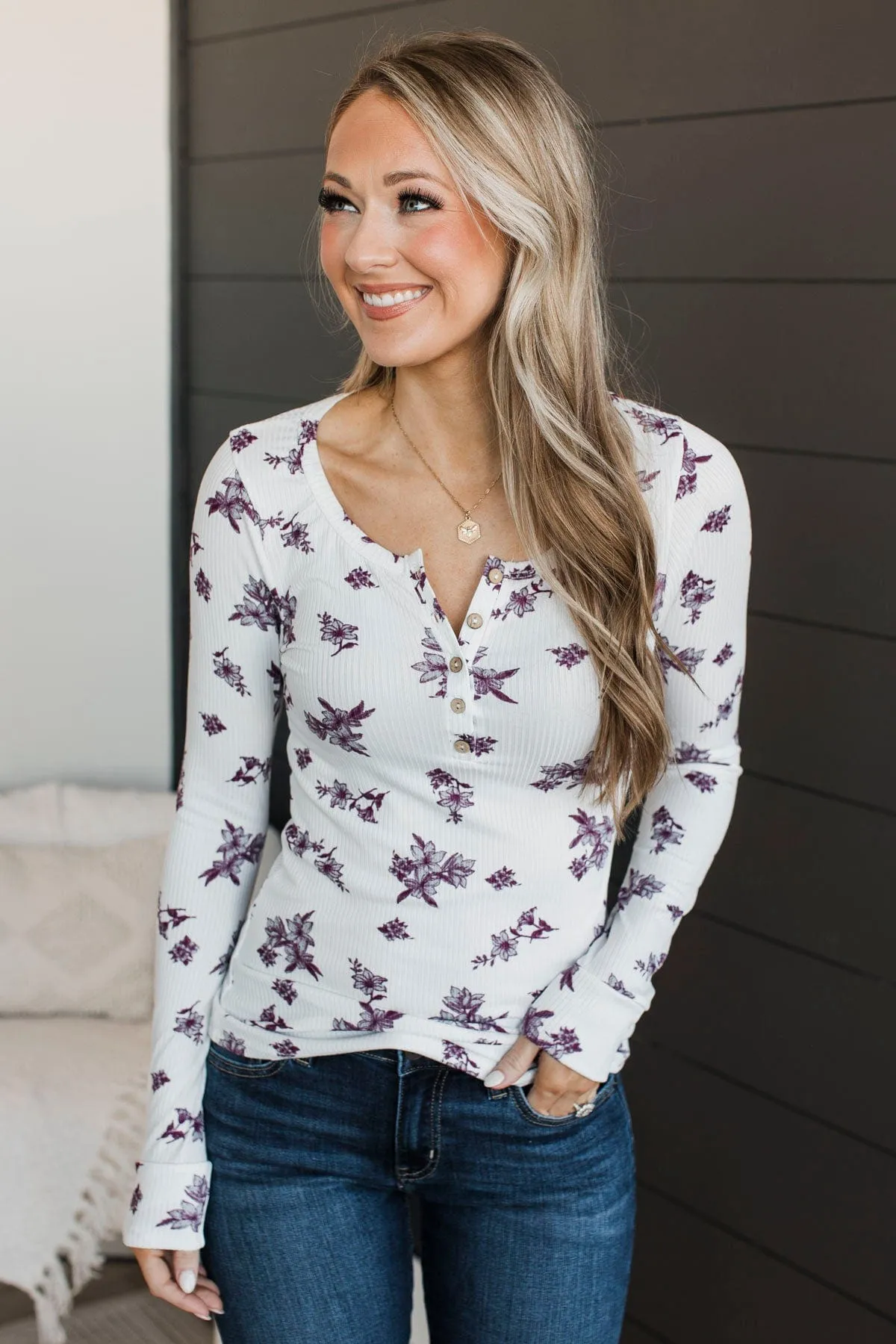 Call Me Lovely Floral Henley Top- Ivory & Plum