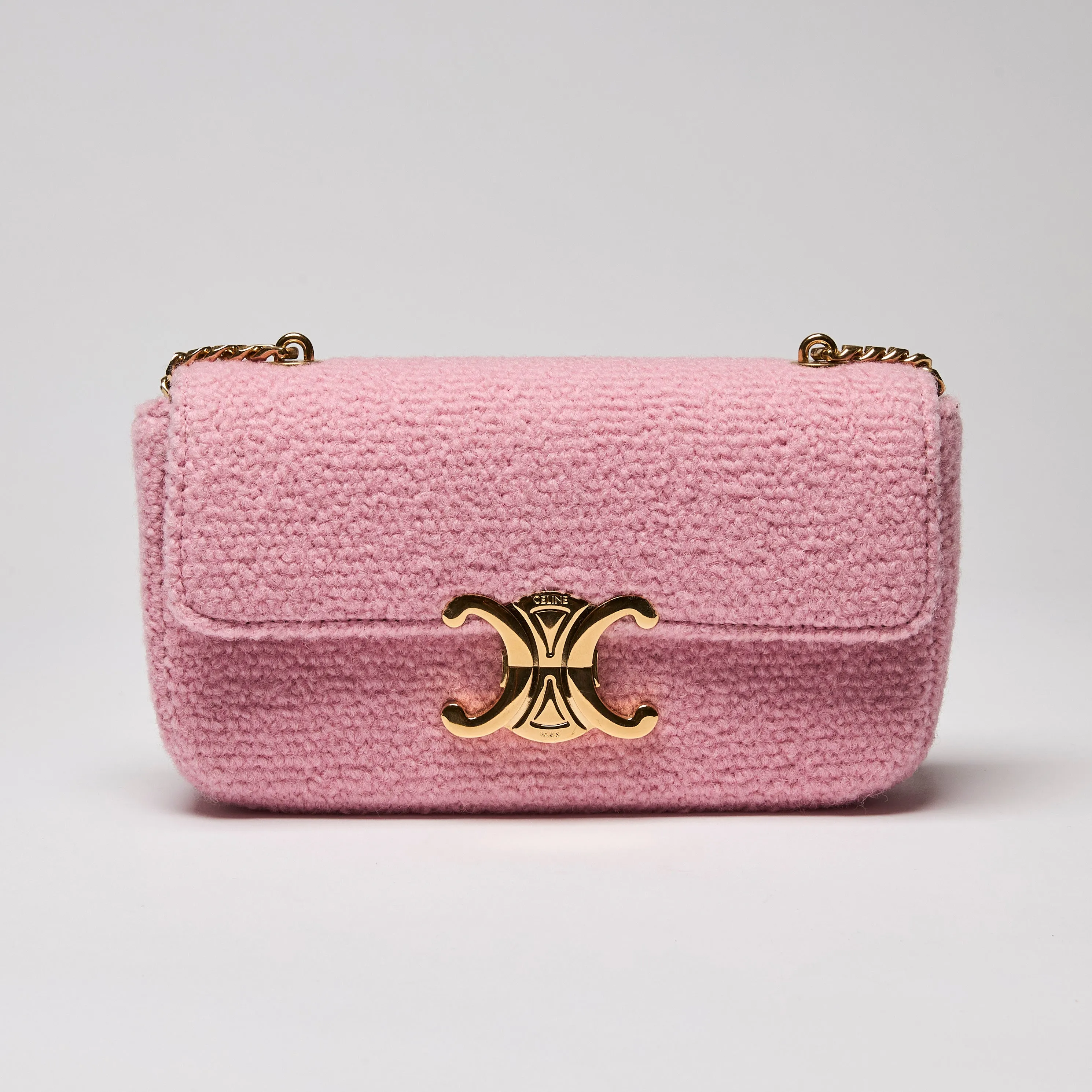 Celine Tweed Triomphe Chain Shoulder Bag Pink