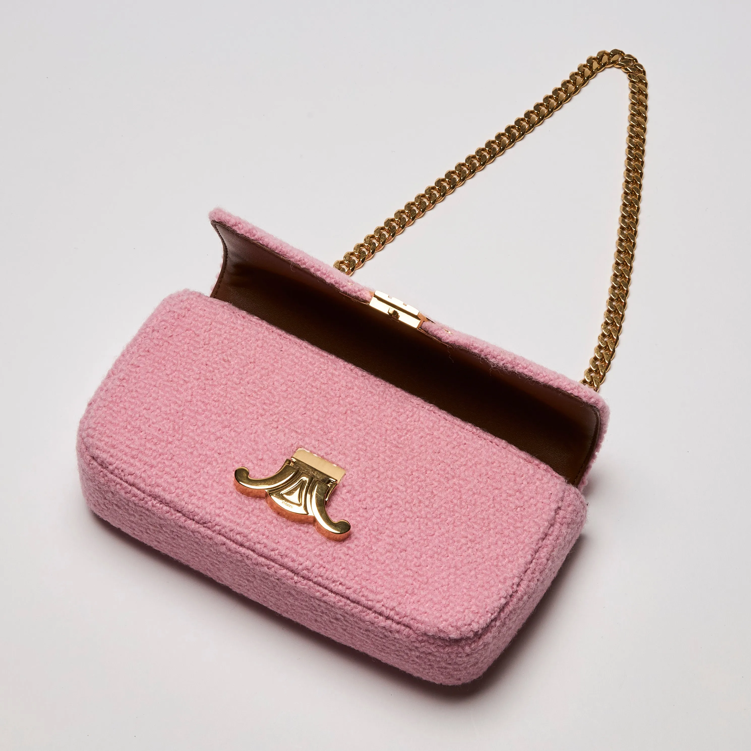 Celine Tweed Triomphe Chain Shoulder Bag Pink