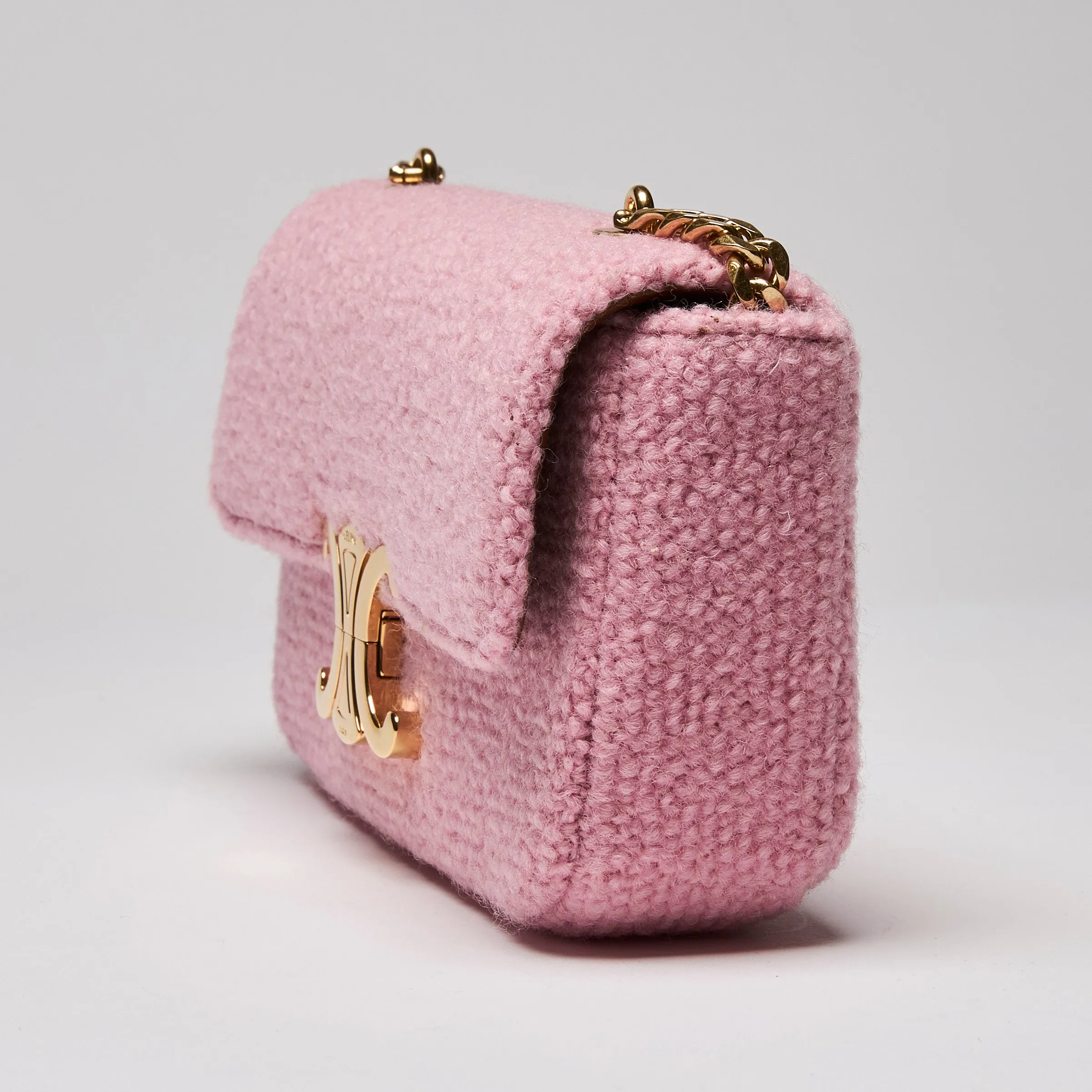 Celine Tweed Triomphe Chain Shoulder Bag Pink