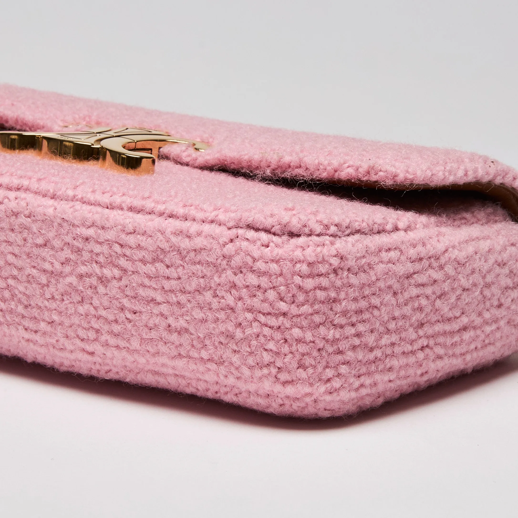 Celine Tweed Triomphe Chain Shoulder Bag Pink