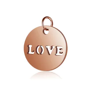 Charms, 304 Stainless Steel, Flat, Round, With Word LOVE, Rose Gold, 12mm