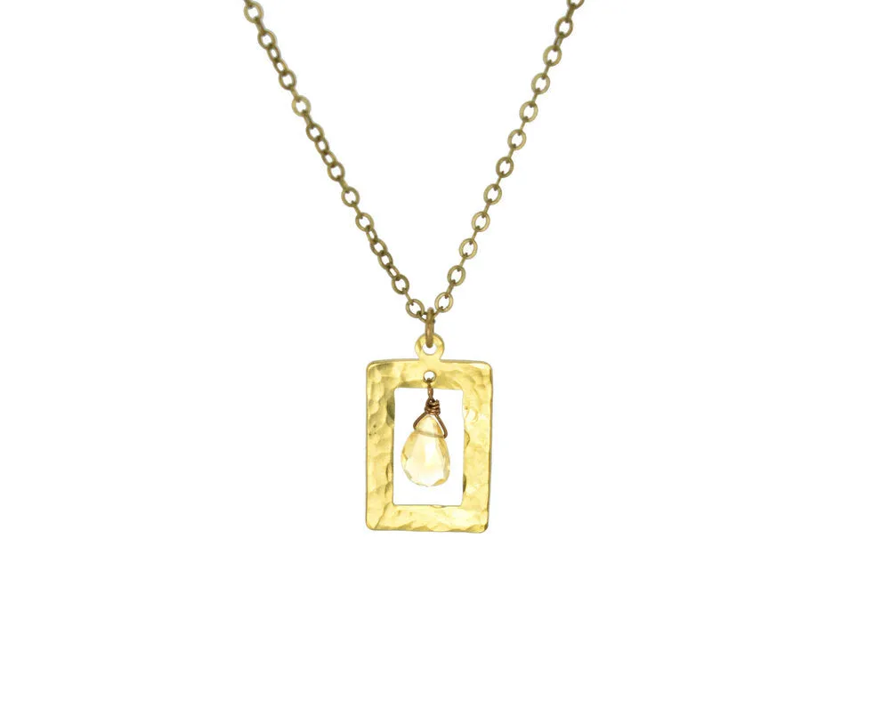 Edgy Petal - Necklace - Citrine Hammered Rectangle Frame