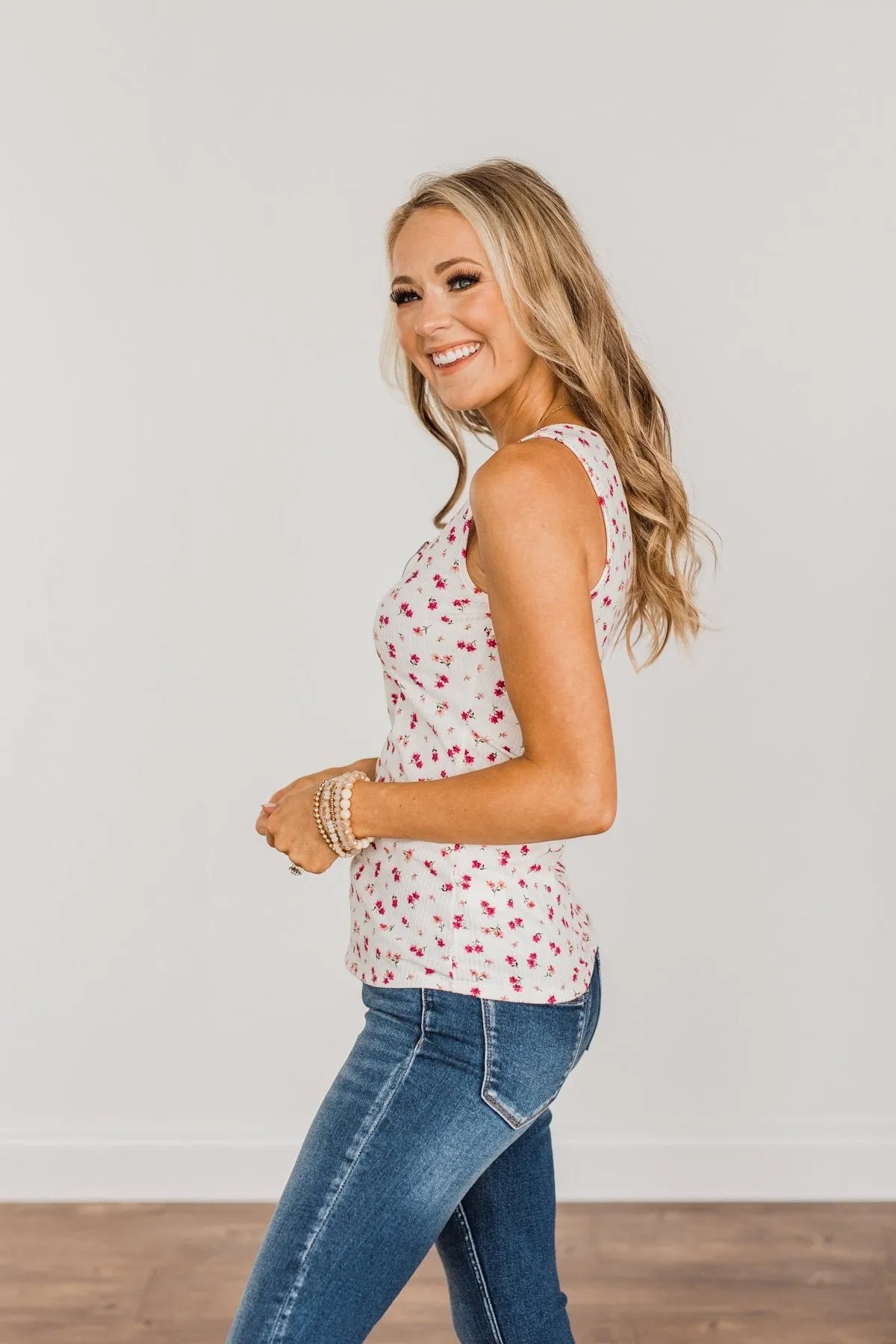 Everlasting Moments Floral Zipper Henley Tank Top- Ivory