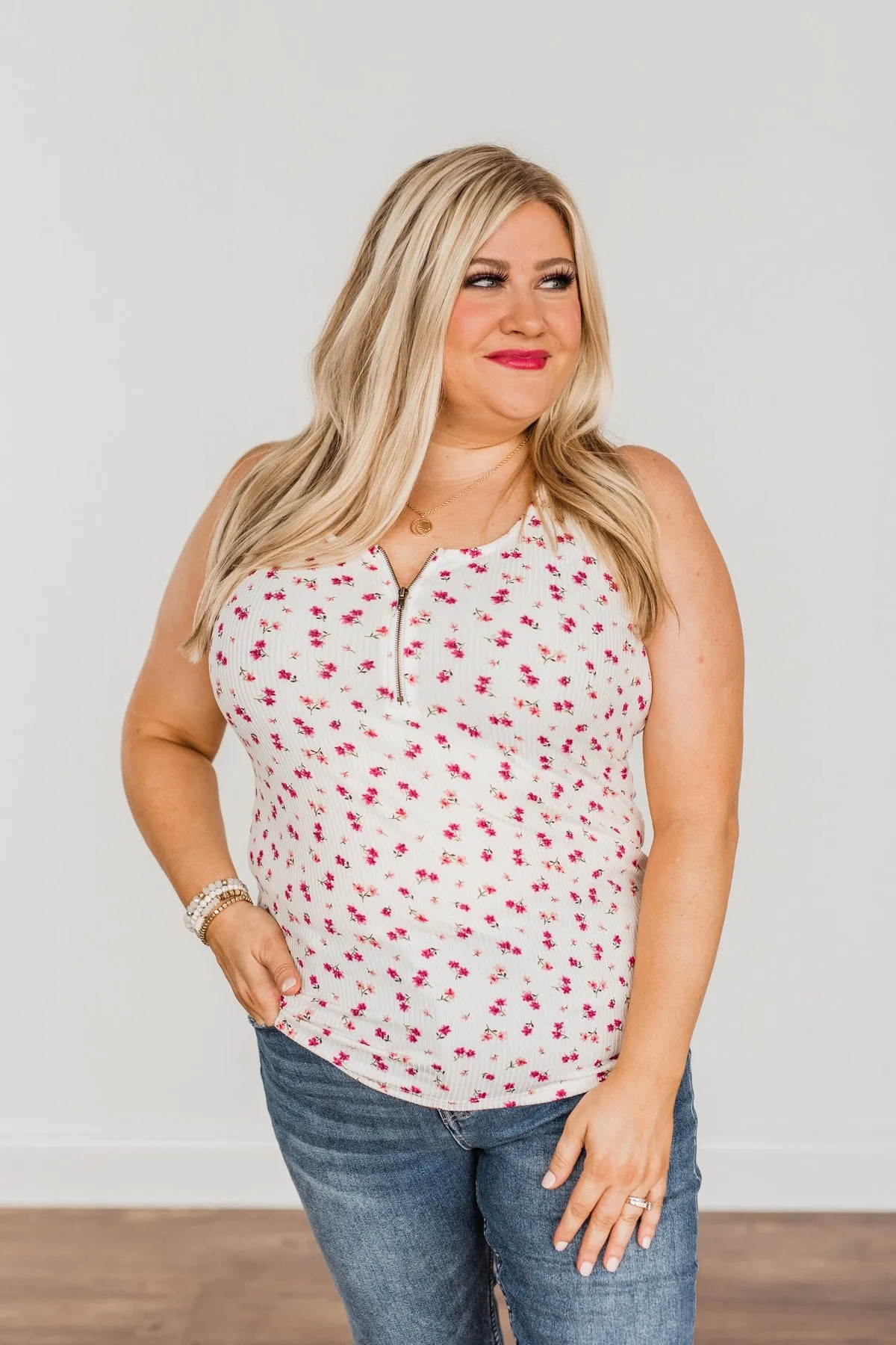 Everlasting Moments Floral Zipper Henley Tank Top- Ivory