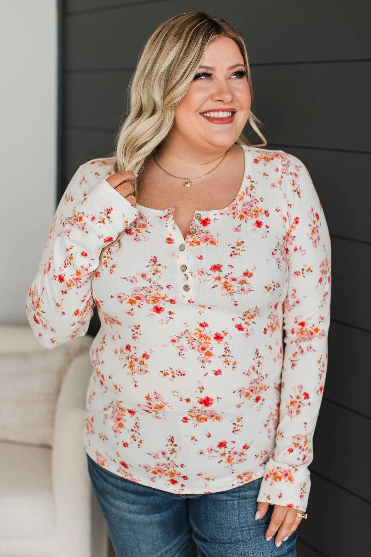 Feels Like Fate Floral Henley Top- Ivory & Coral