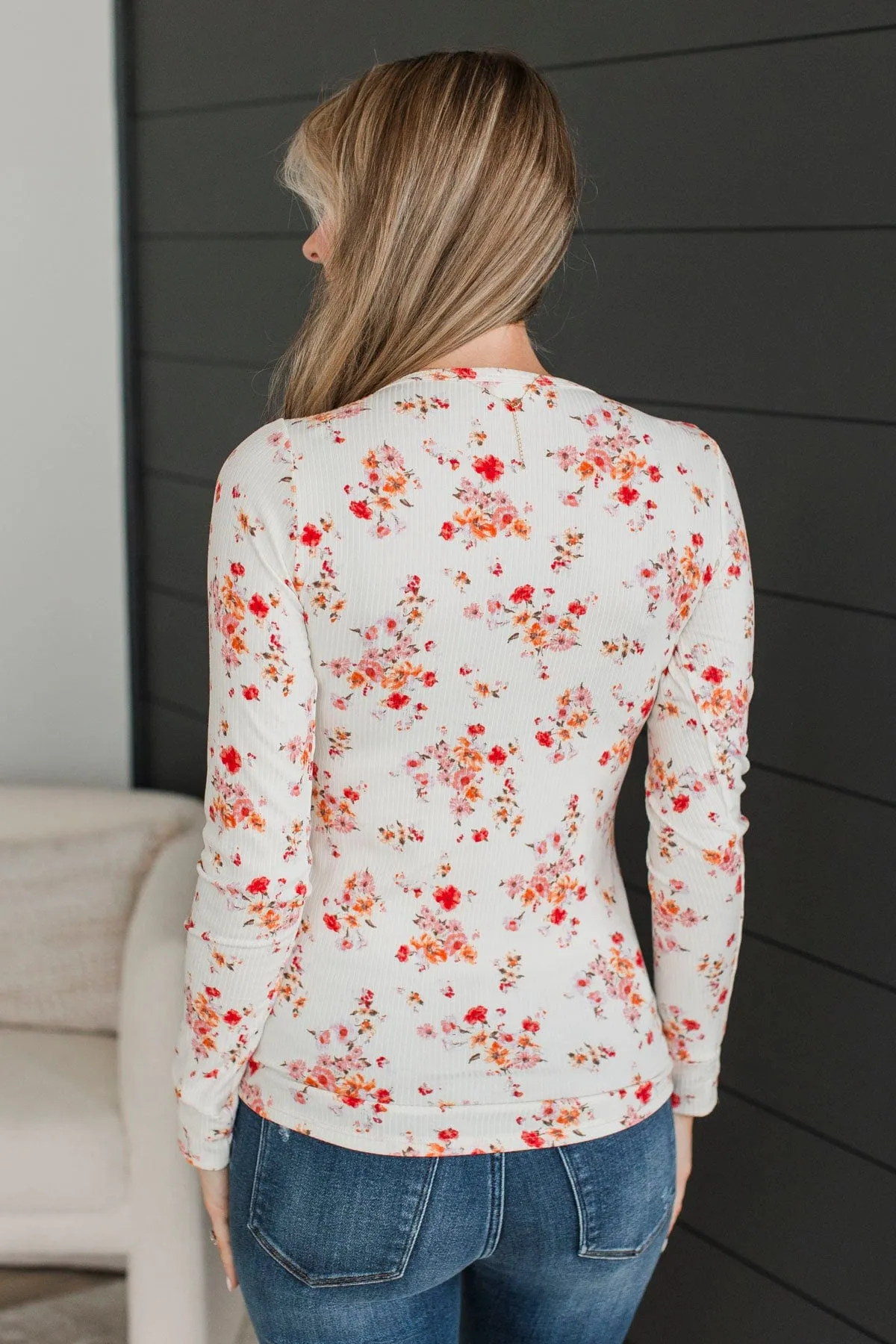 Feels Like Fate Floral Henley Top- Ivory & Coral