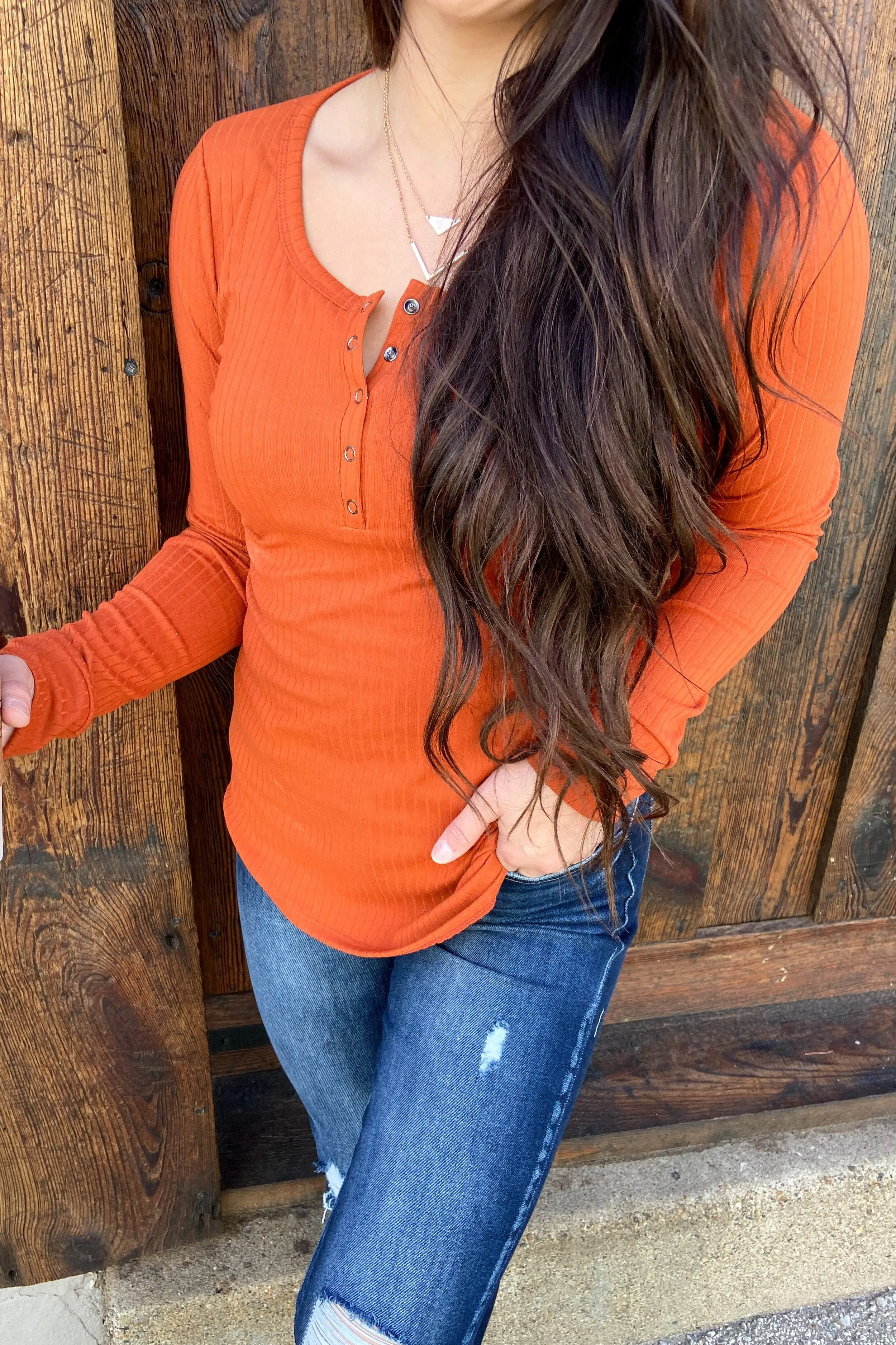 Finally Found You Button Henley Top- Burnt Orange