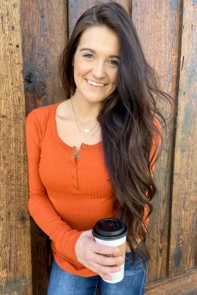 Finally Found You Button Henley Top- Burnt Orange