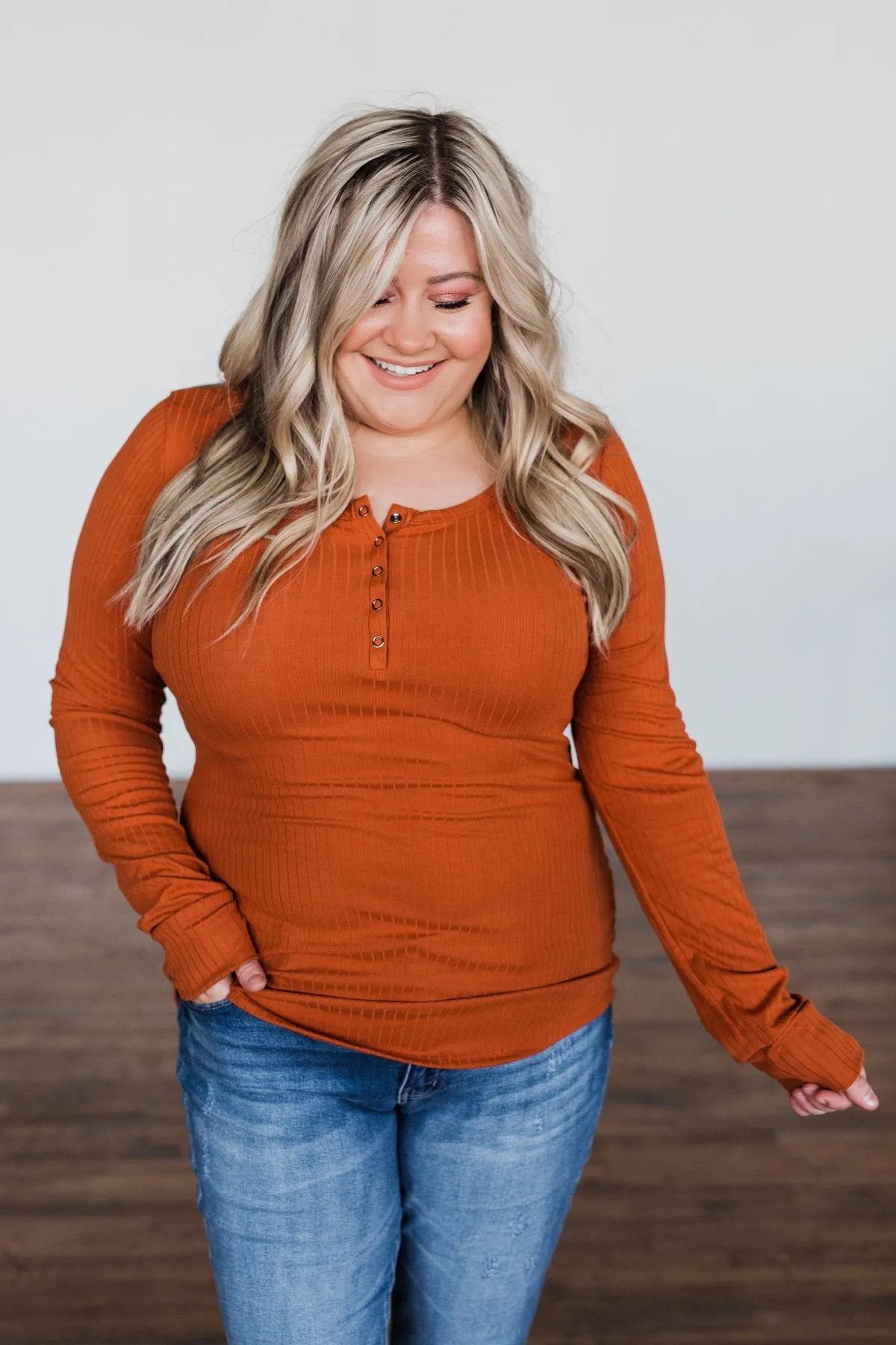 Finally Found You Button Henley Top- Burnt Orange