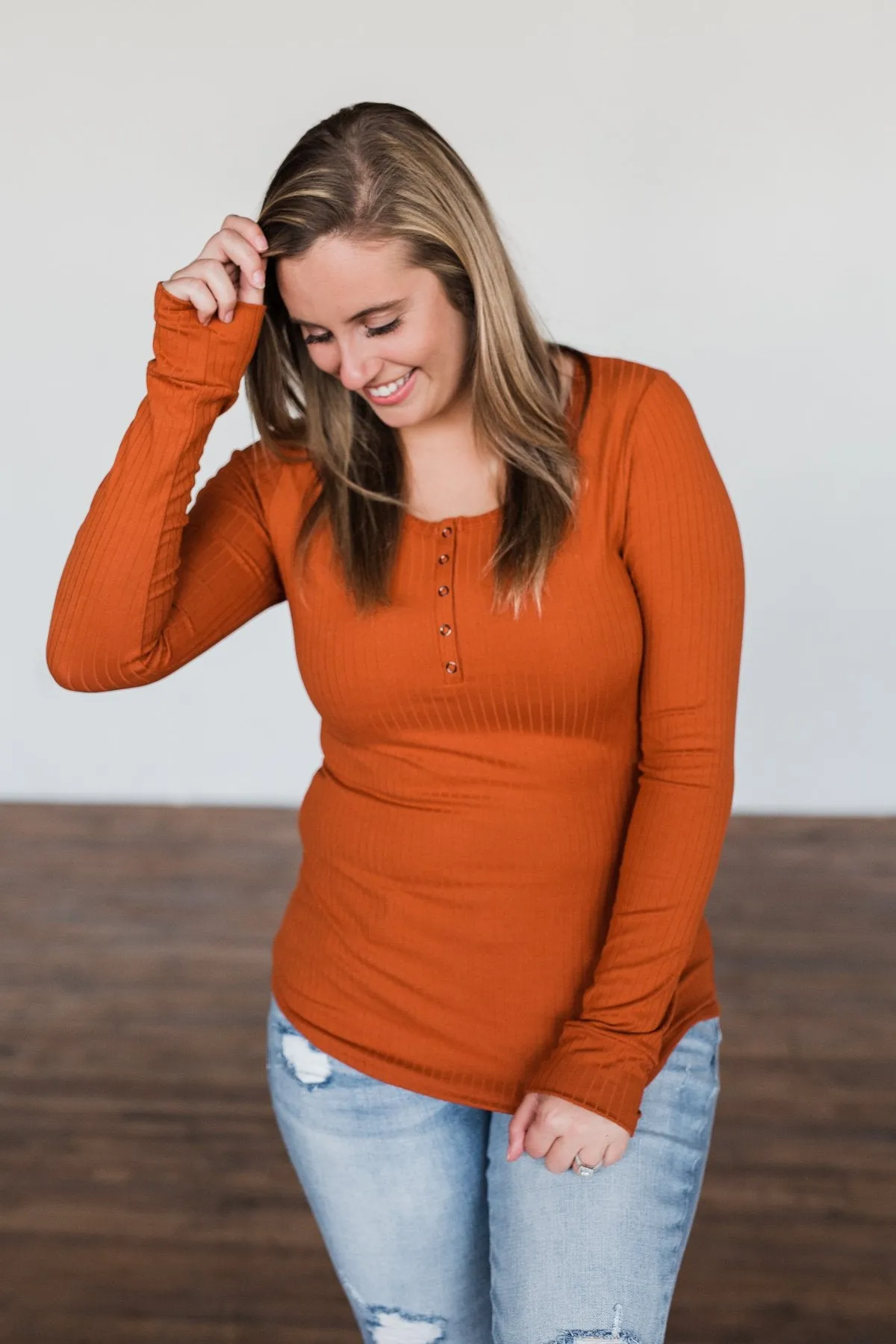 Finally Found You Button Henley Top- Burnt Orange