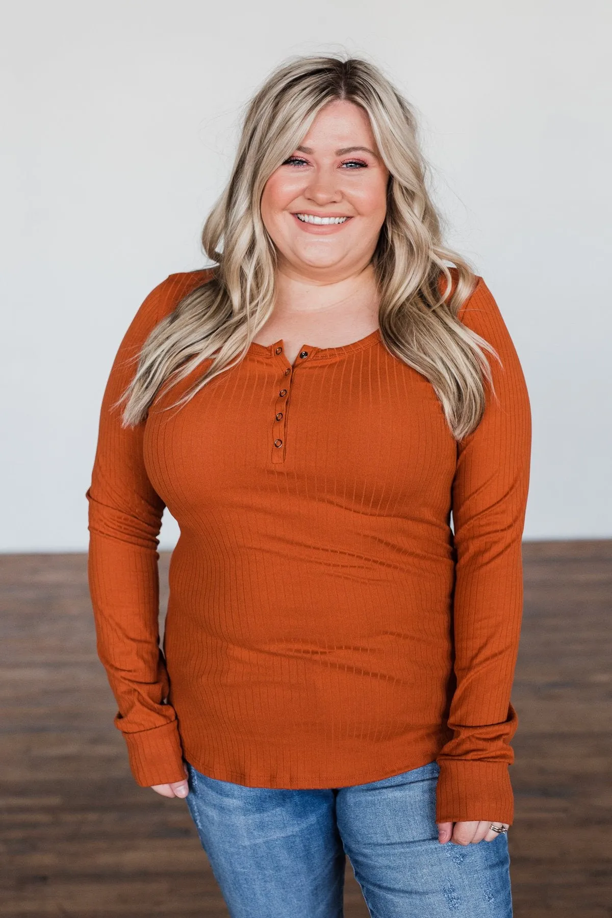 Finally Found You Button Henley Top- Burnt Orange