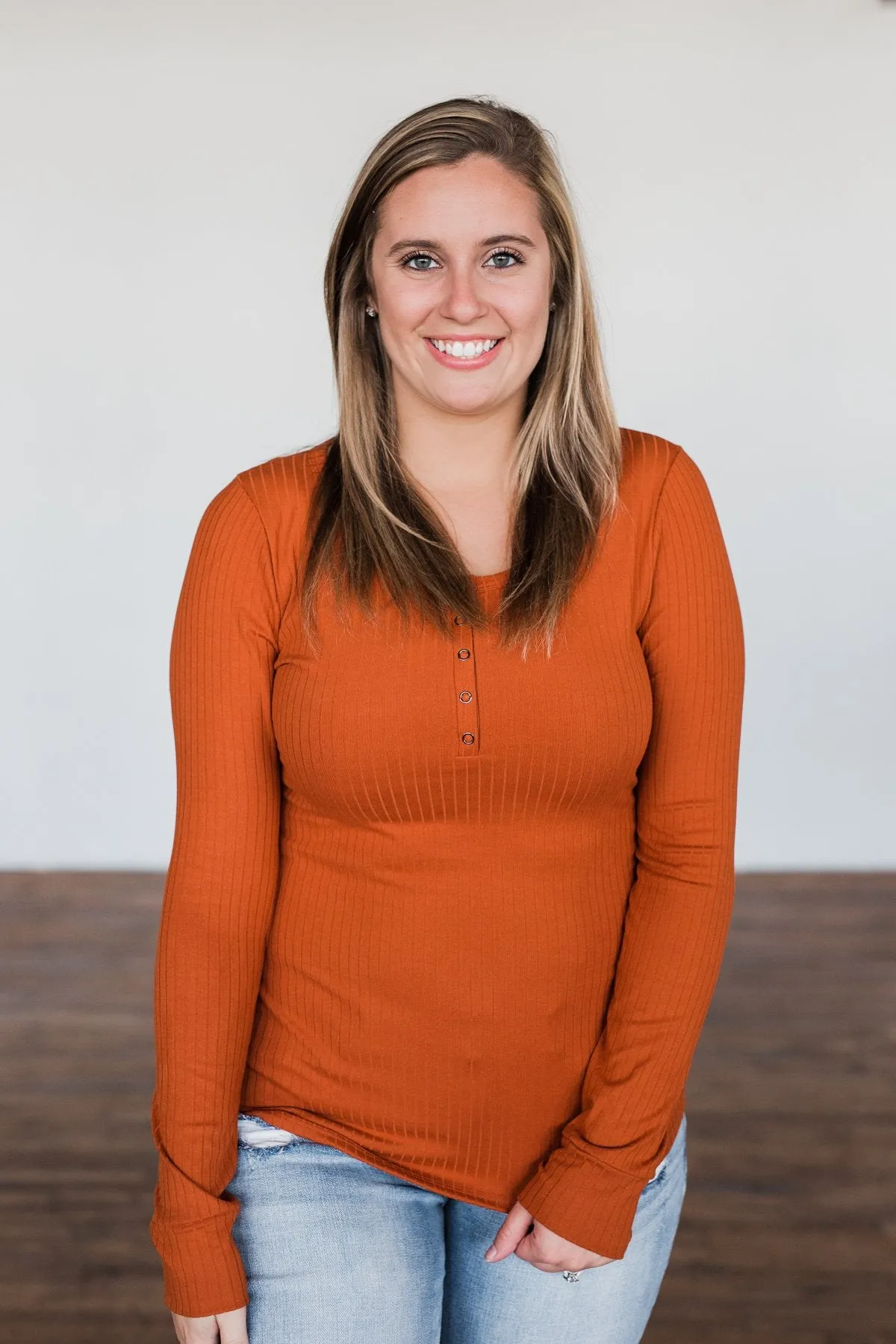 Finally Found You Button Henley Top- Burnt Orange