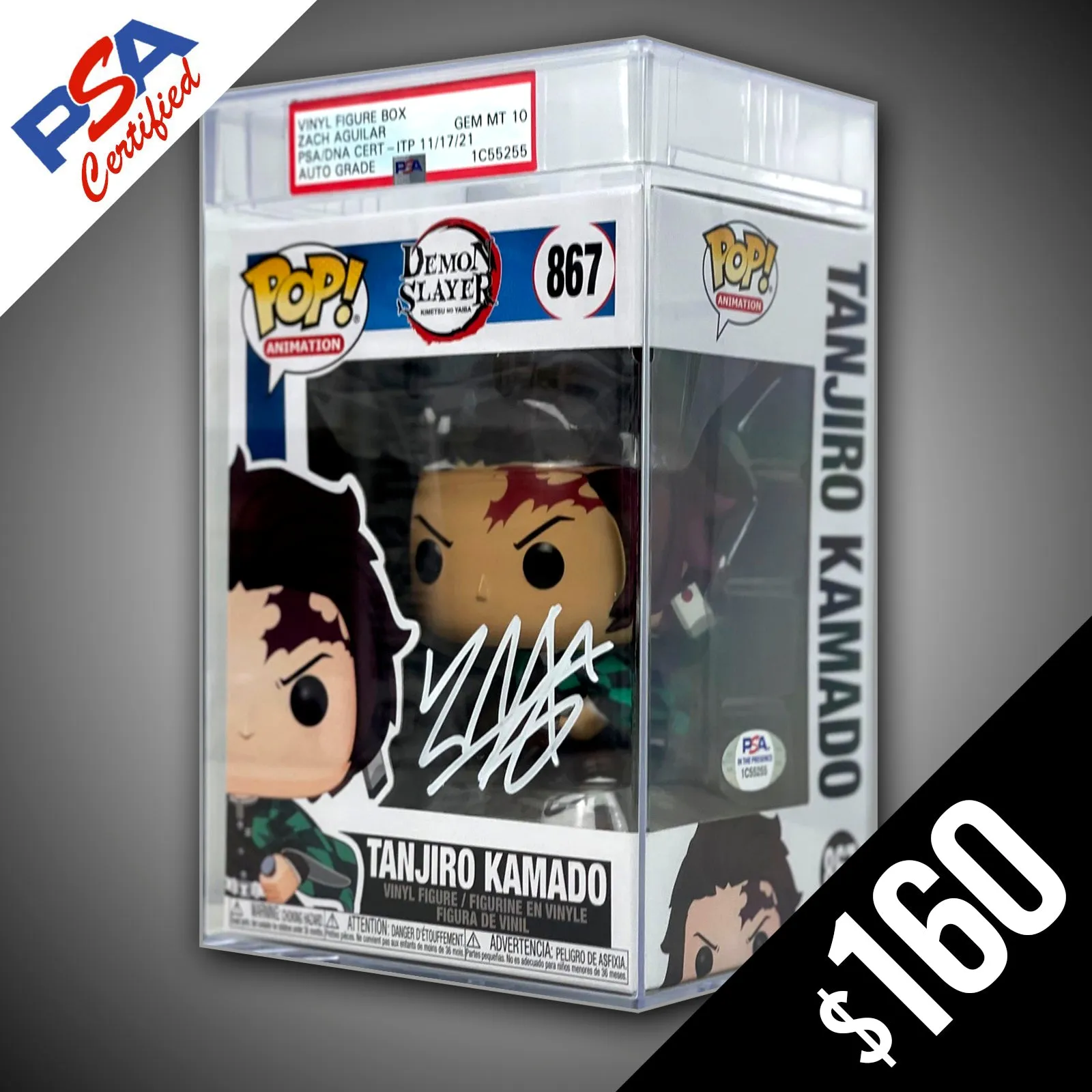 Funko Pop! Demon Slayer: Tanjiro (common) #867 - SIGNED by Zach Aguilar (ENCASED - PSA Certified - Gem Mint 10 Auto)