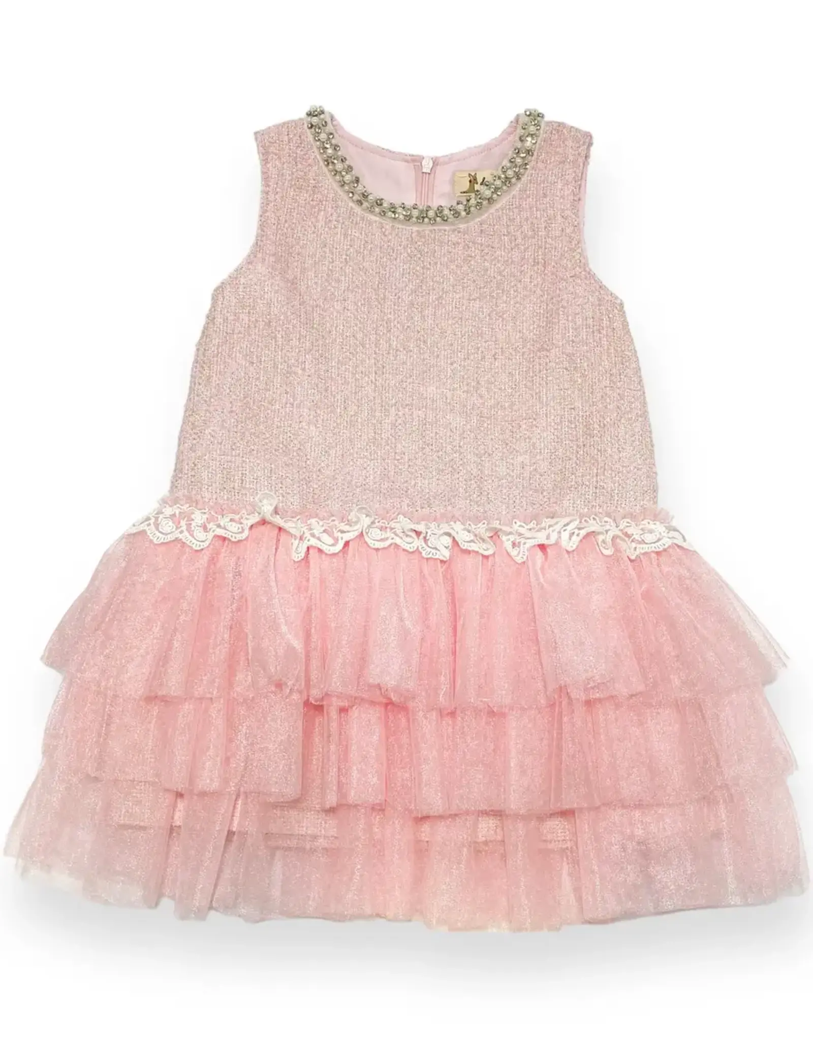   Girls' Sleeveless Rhinestone/Pearl Collar Tweed Tulle Dress - Pink