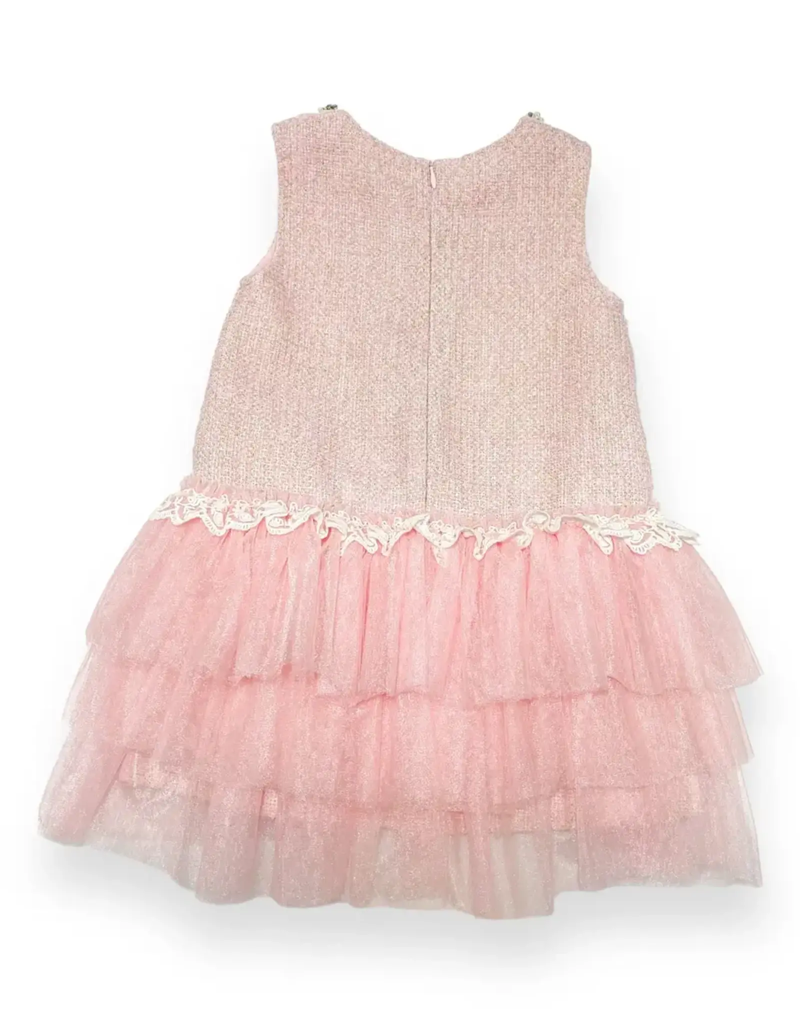   Girls' Sleeveless Rhinestone/Pearl Collar Tweed Tulle Dress - Pink