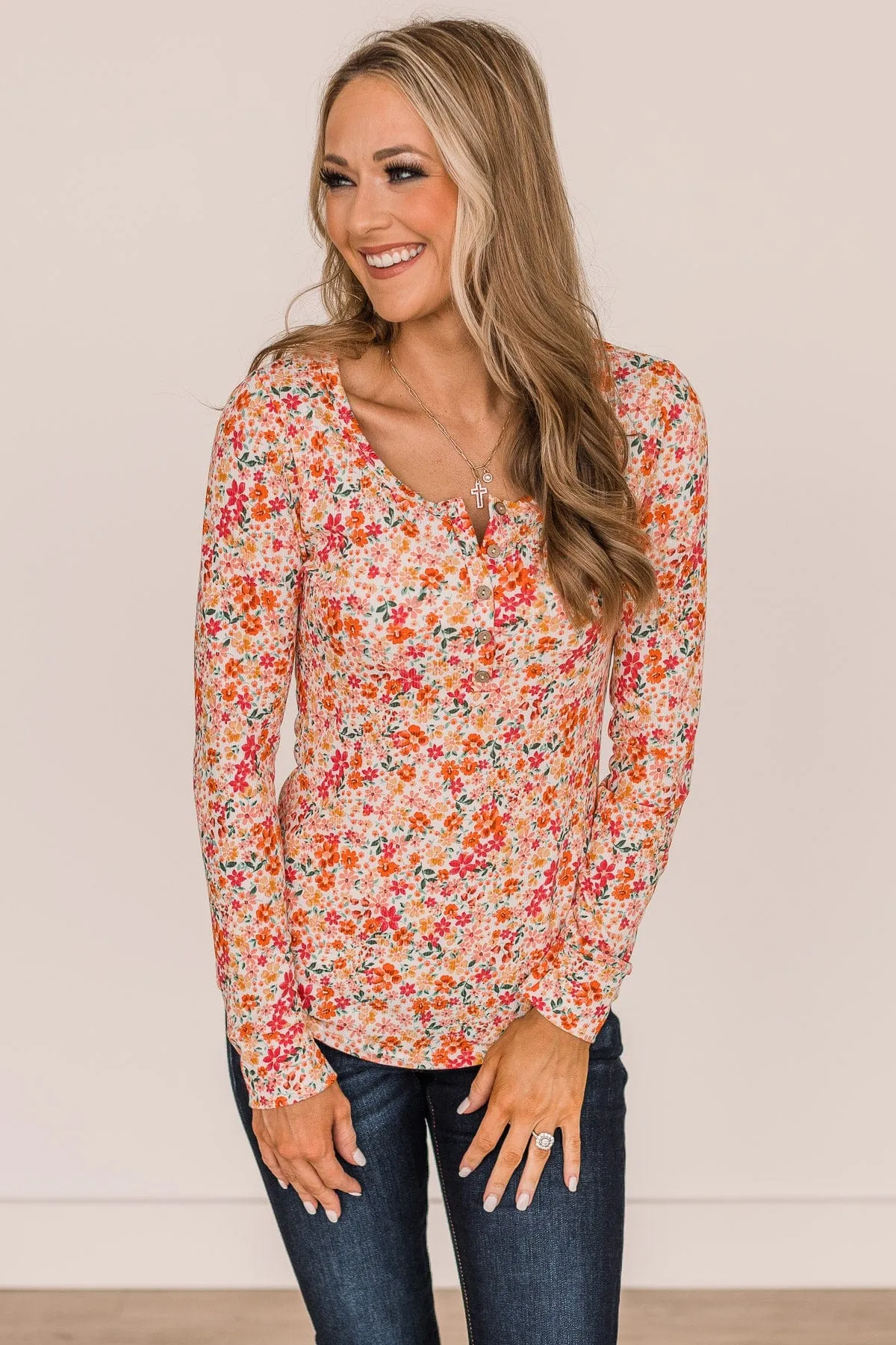 Glimpses Of Us Floral Henley Top- Ivory & Orange