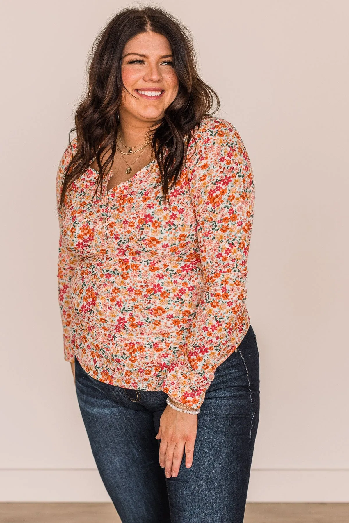 Glimpses Of Us Floral Henley Top- Ivory & Orange