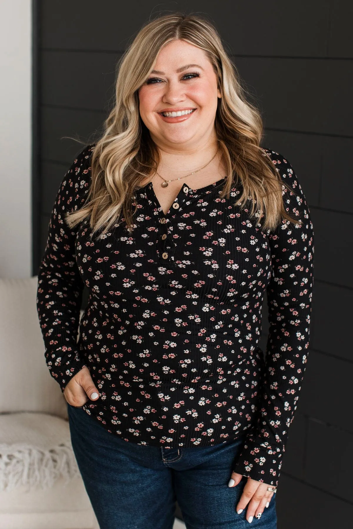 Going Along Floral Henley Top- Black & Mauve