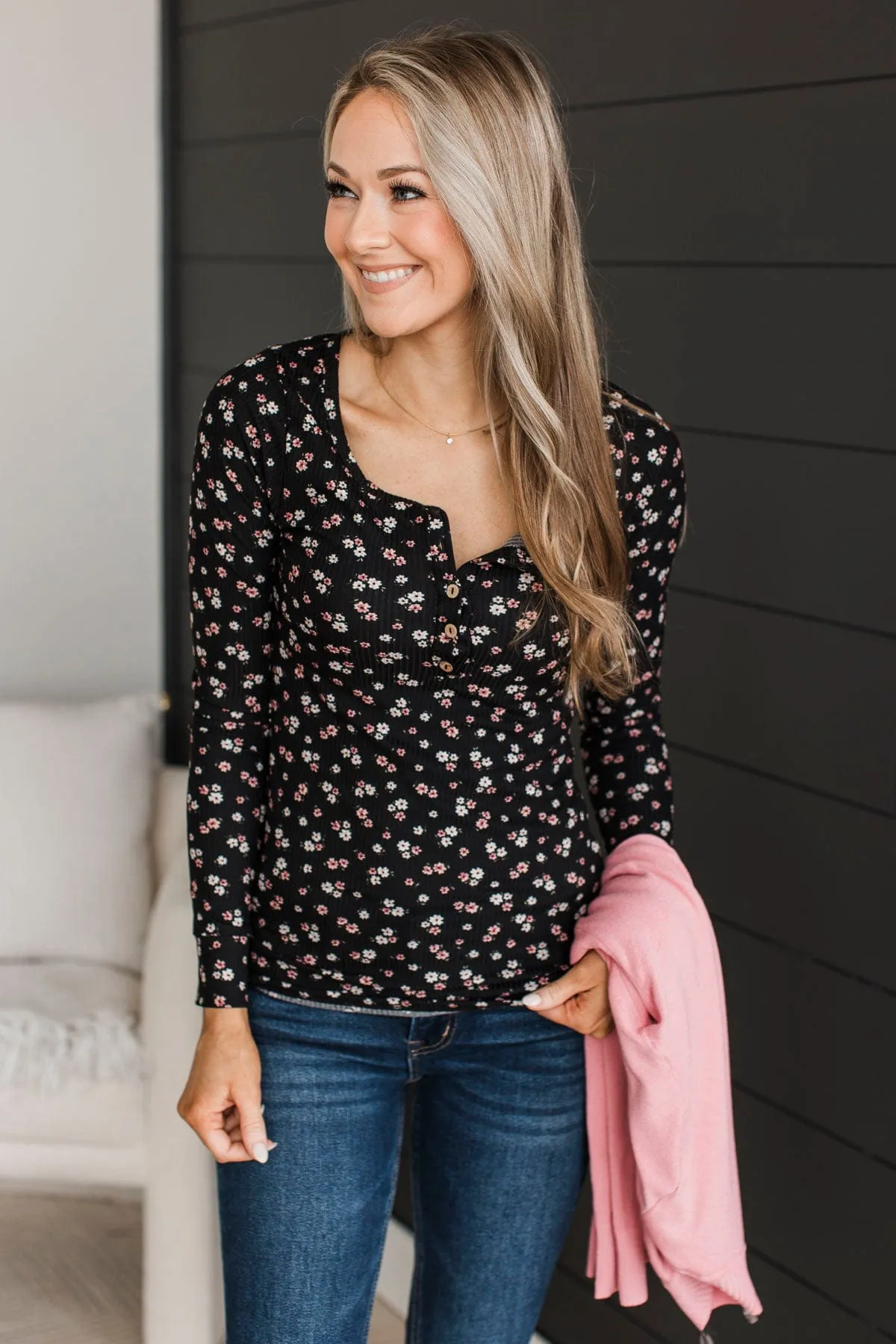 Going Along Floral Henley Top- Black & Mauve