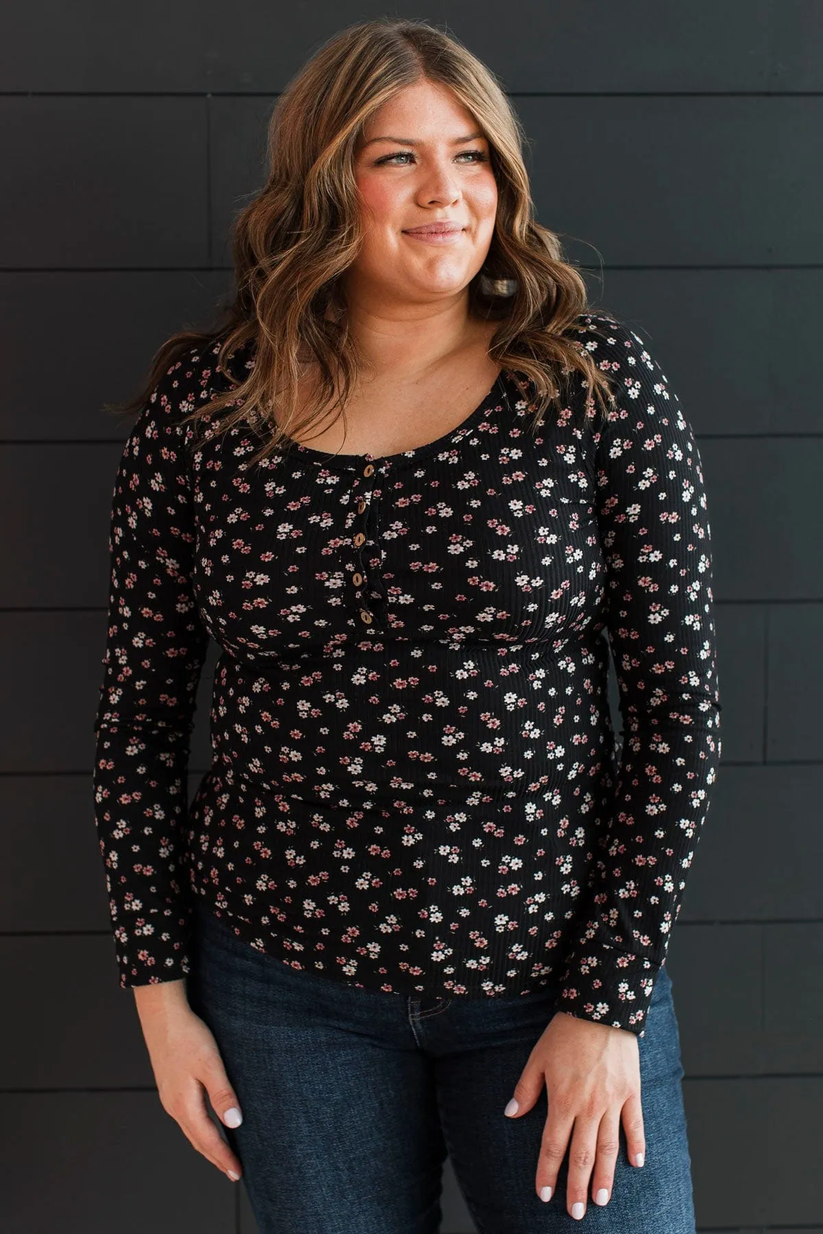 Going Along Floral Henley Top- Black & Mauve