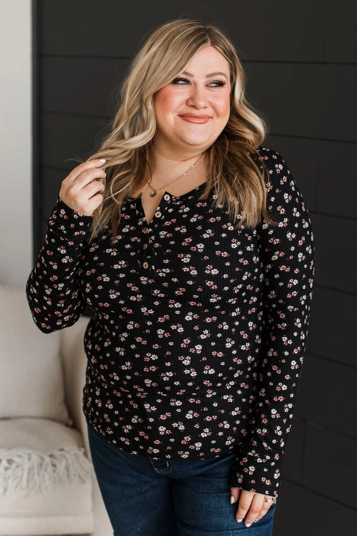 Going Along Floral Henley Top- Black & Mauve