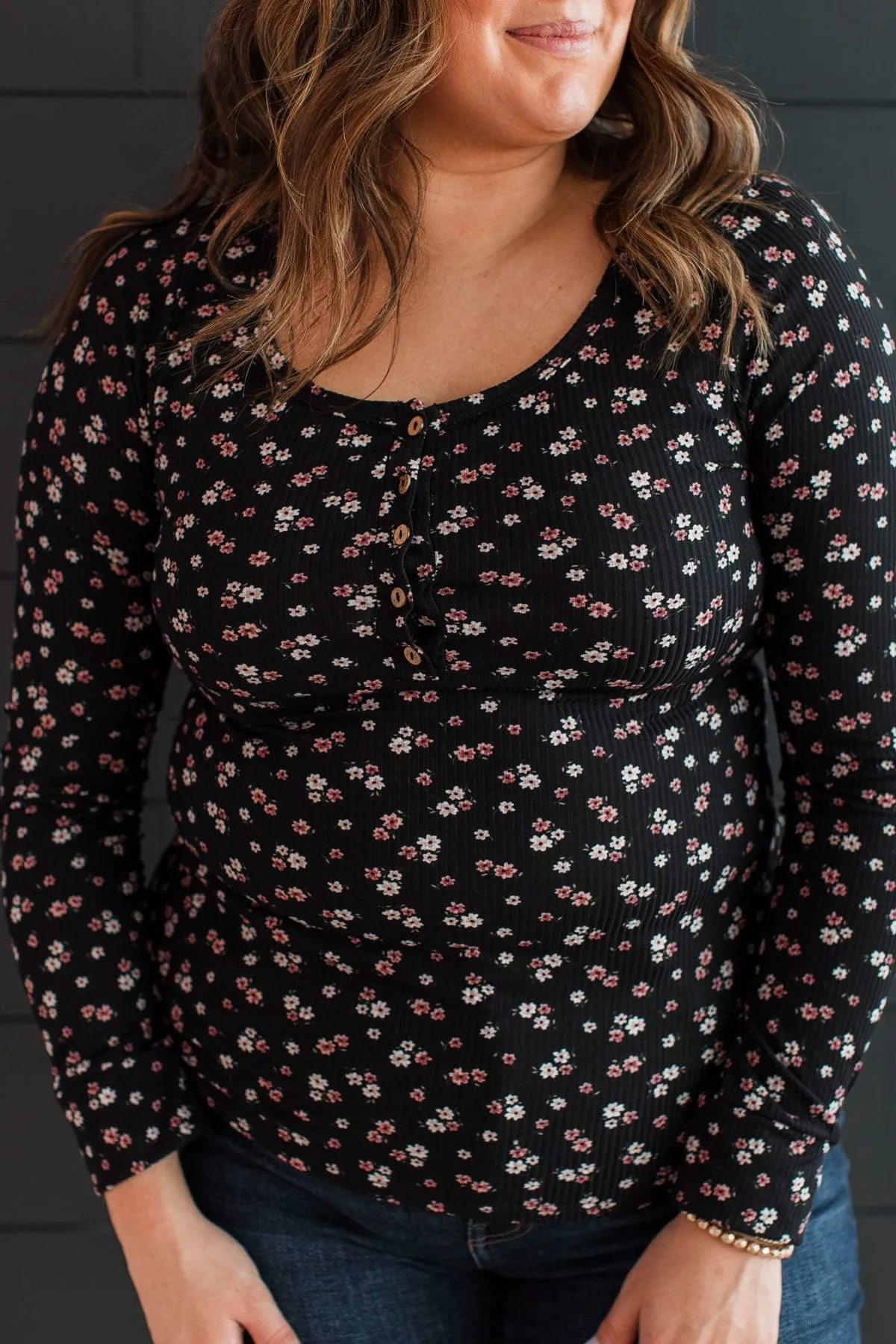 Going Along Floral Henley Top- Black & Mauve