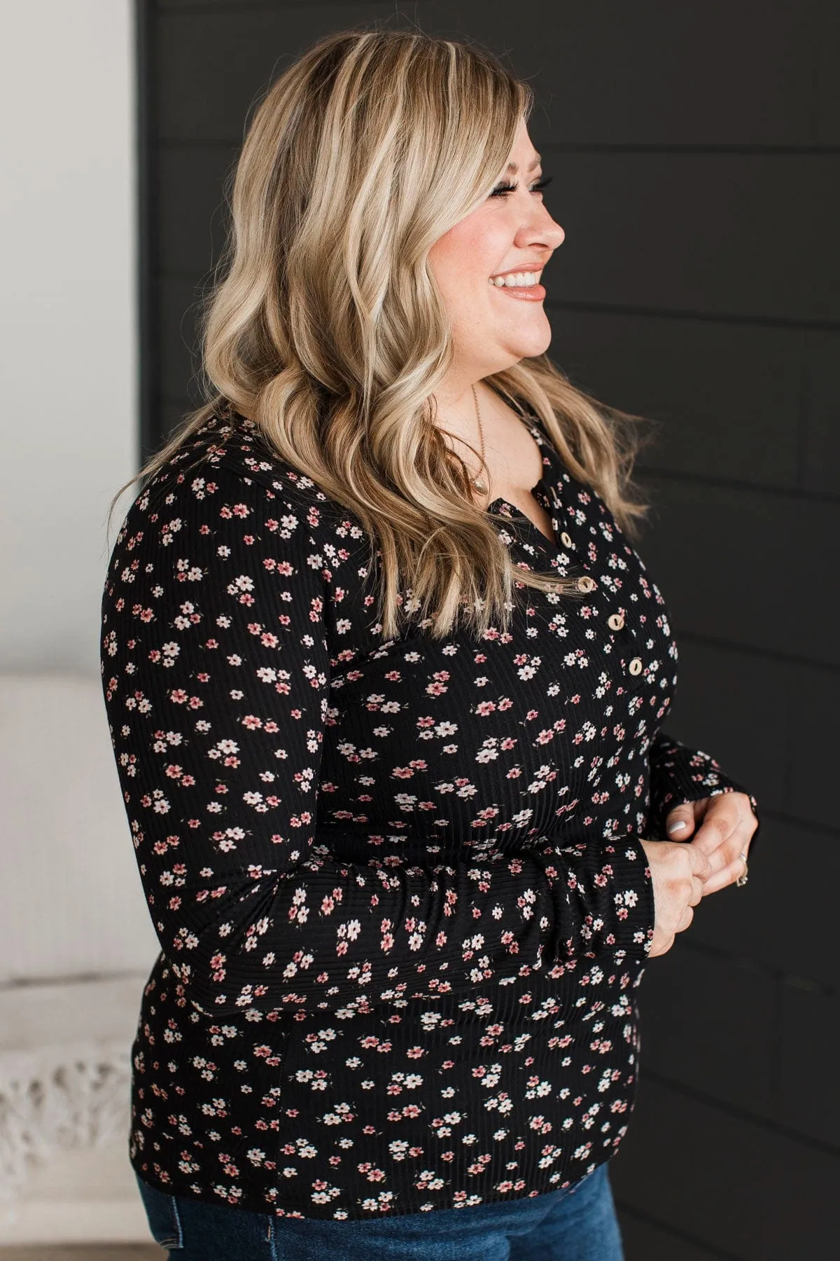 Going Along Floral Henley Top- Black & Mauve