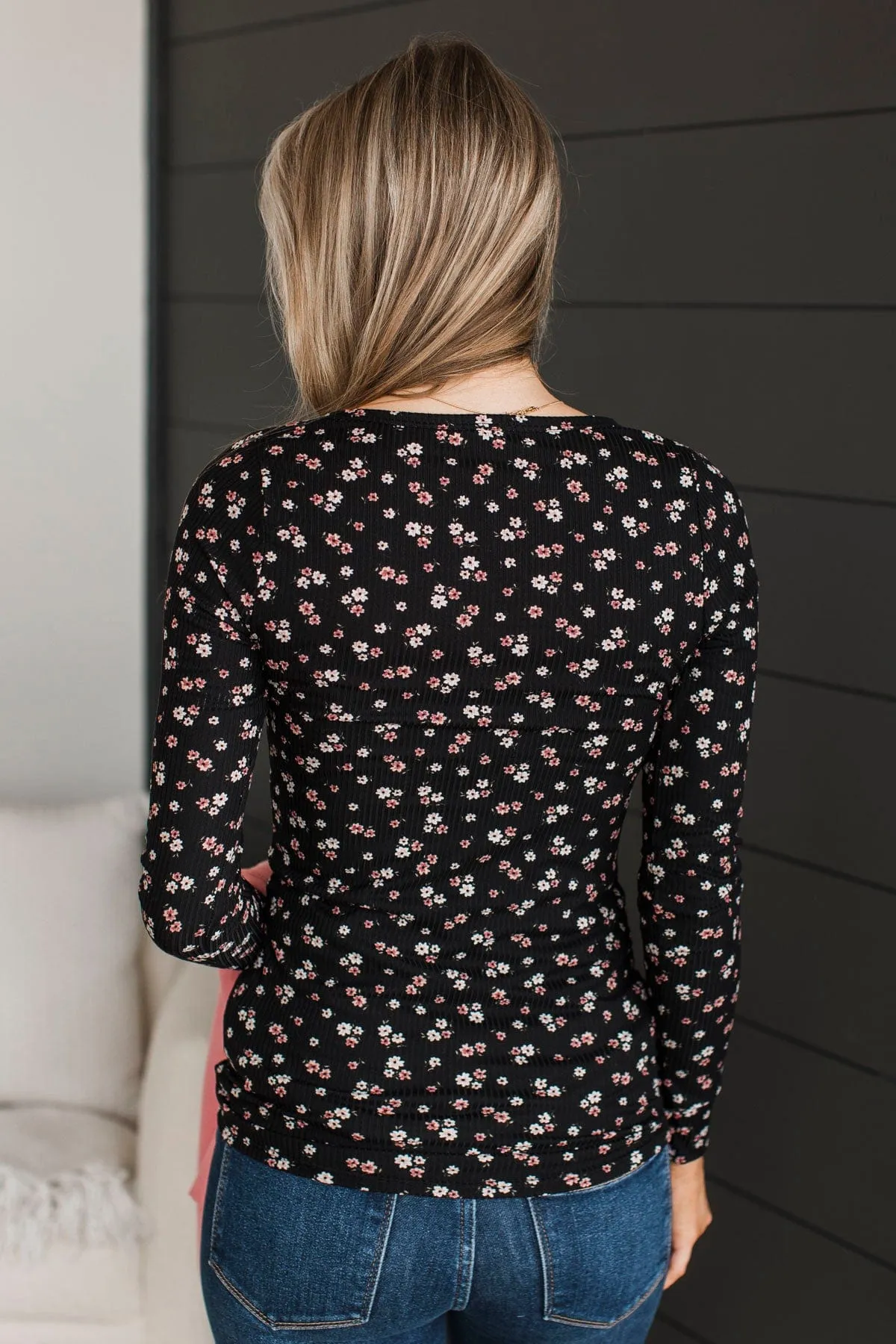 Going Along Floral Henley Top- Black & Mauve