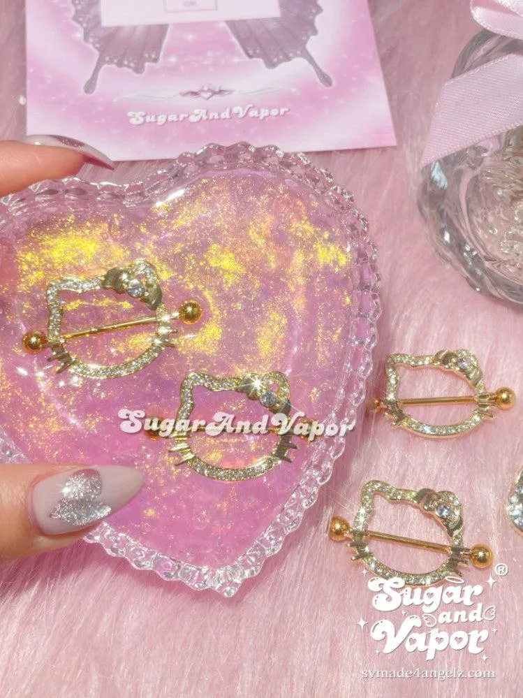 Gold Large Kawaii Kitten Nipple Rings Set